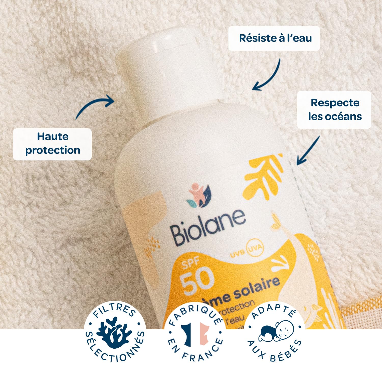BIOLANE - Creme Solaire Bebe SPF 50-100ML - Haute Protection Contre UVA et UVB - Peaux Sensibles - Résistant à l'eau - Filtre Solaires Sécurité Bébé - Fabriquée en France