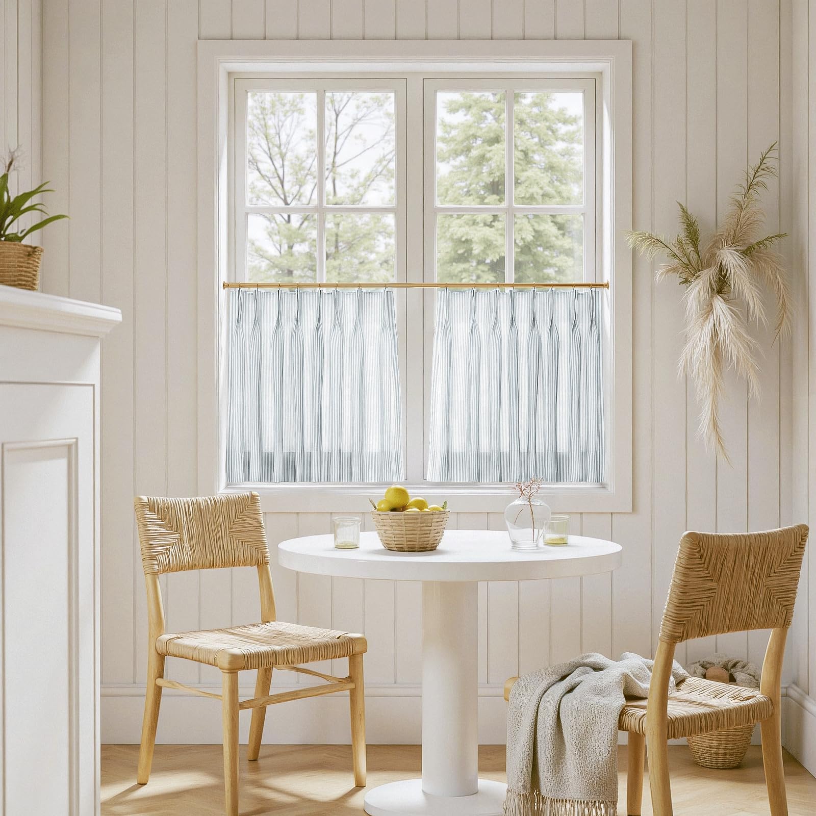 TWOPAGES Pinch Pleat Cafe Curtains 36 Inch Long Ticking Stripe Light Filtering Farmhouse Half Window Curtains for Small Window (Light Blue Pinstripe, 26W x 36L Inches, Set of 2)