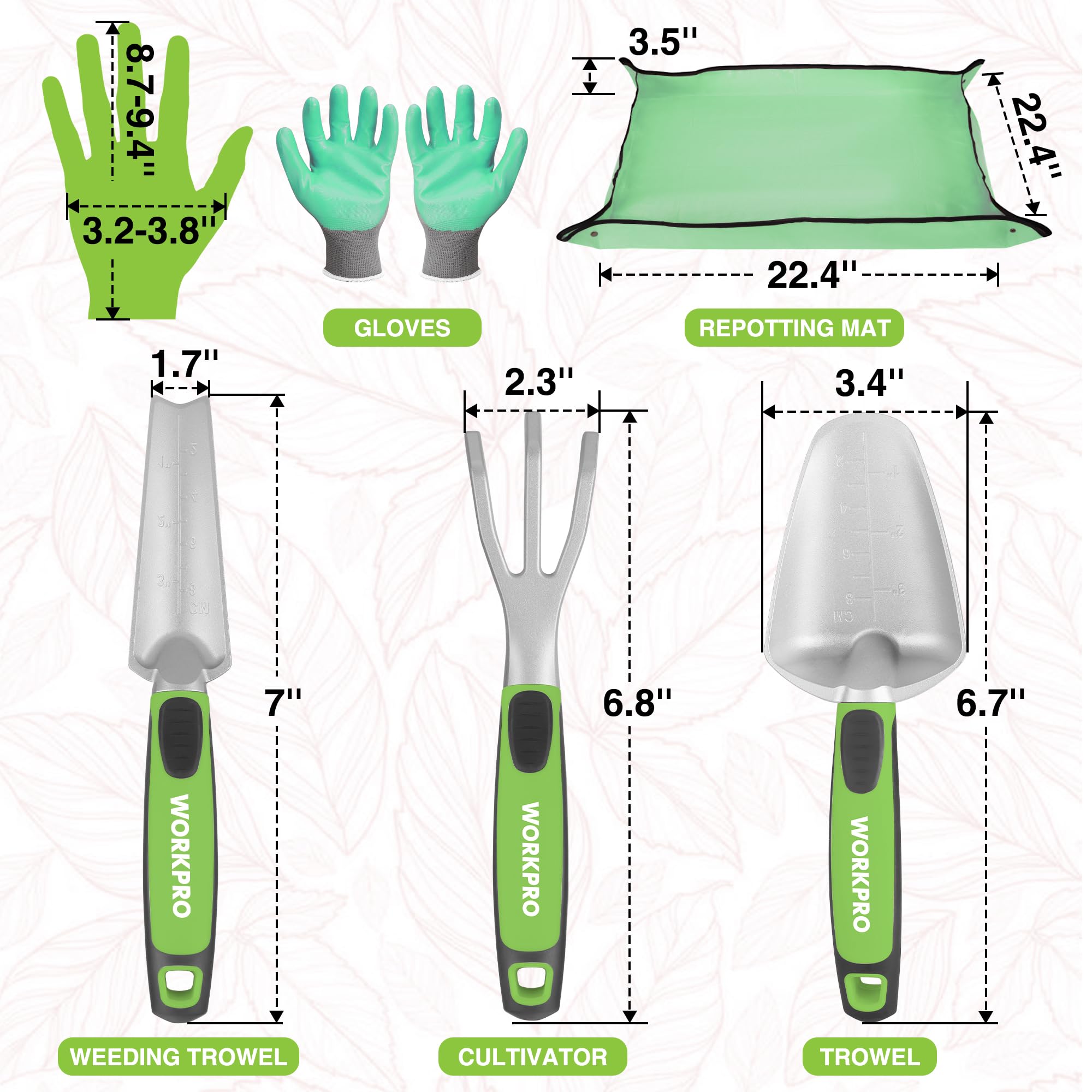 WORKPRO 5-teiliges Gartenwerkzeug-Set, Pulverbeschichtung, kompaktes Aluminium-Gartenwerkzeug-Set mit Umtopfmatte, Outdoor-Garten-Handwerkzeuge, ideales Gartengeschenk, Grün