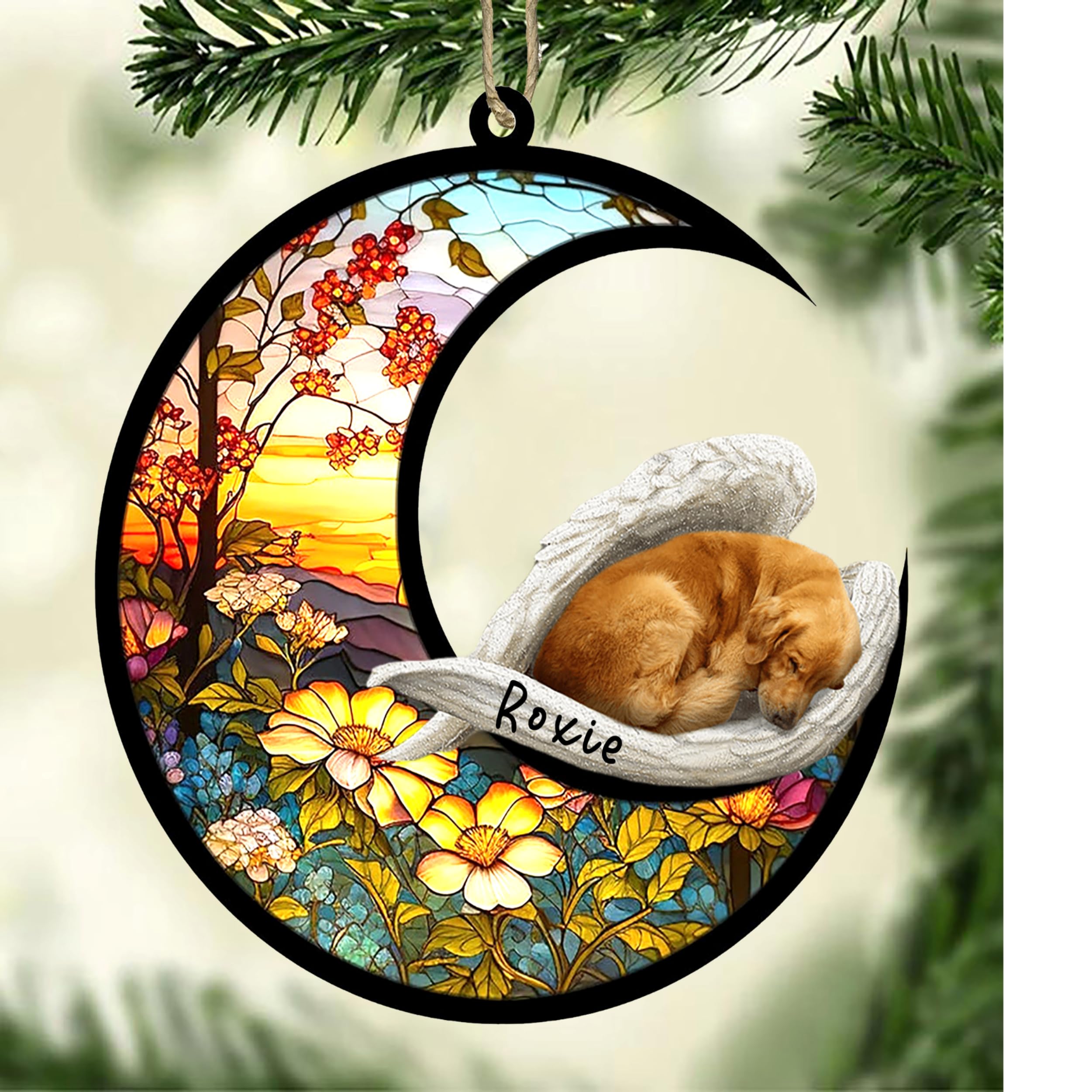 Personalized Golden Retriever Dog Memorial Suncatcher, Golden Retriever Christmas Ornament with Name, Pet Loss Catcher, Gifts for Dog Lovers Loss of Dog, Golden Retriever Sleep on Haven