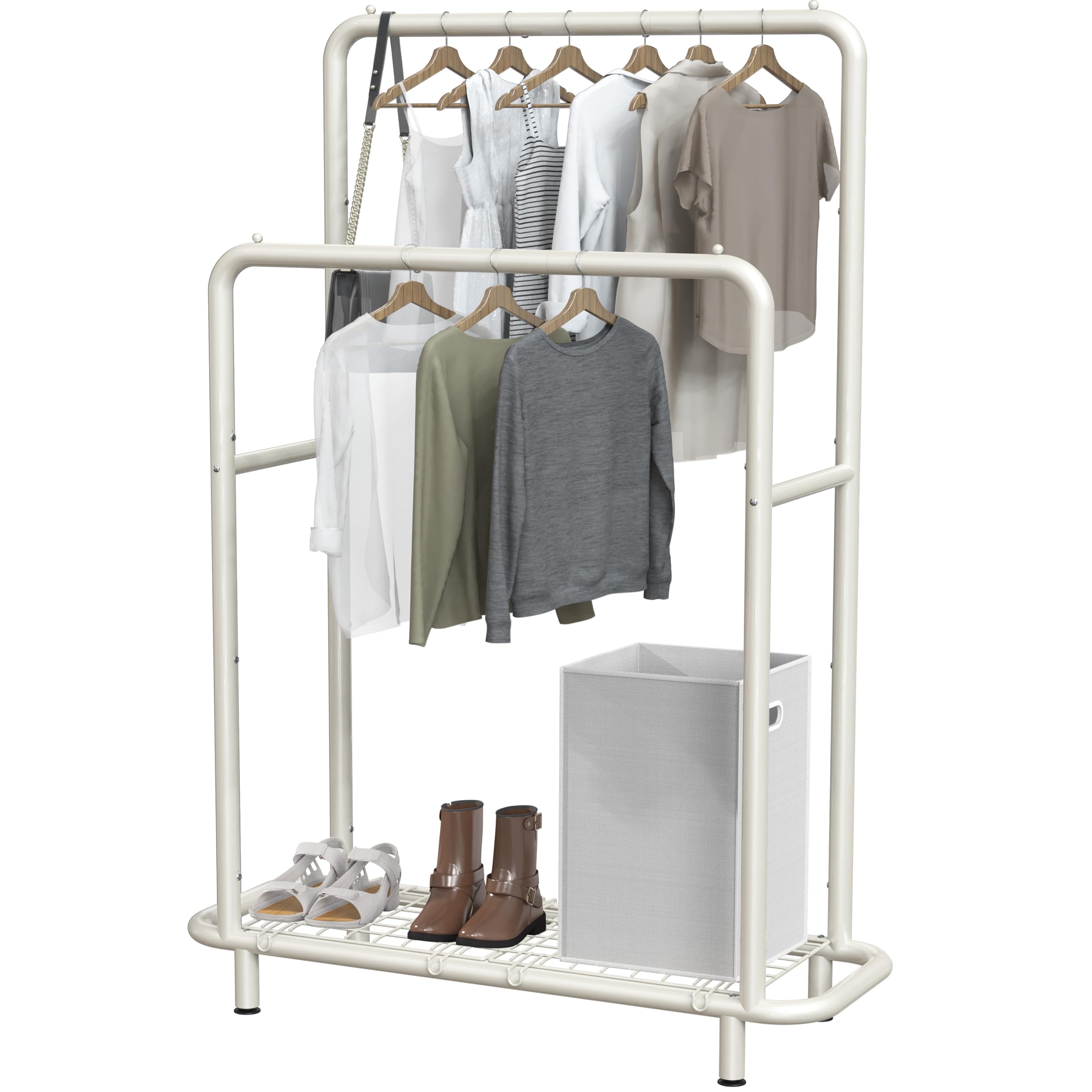 Simple Houseware Double Rod Clothing Garment Rack with Bottom Shelves, White