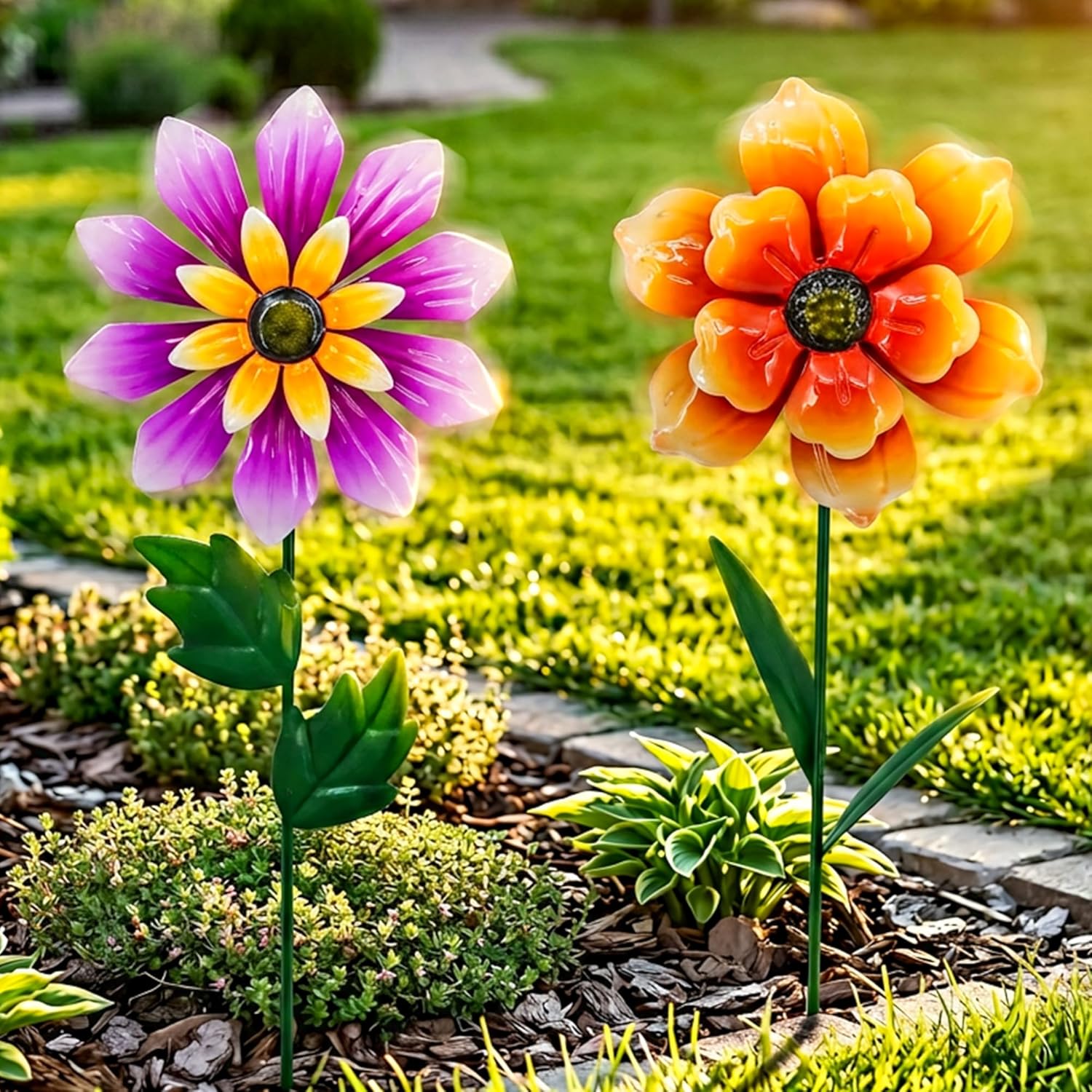 2 Pack Metal Flower Wind Spinners, Outdoor Garden Stakes with Stable H-Base, Kinetic 3D Floral Windmills for Yard, Lawn, and Pathway Decor (Orange & Purple)