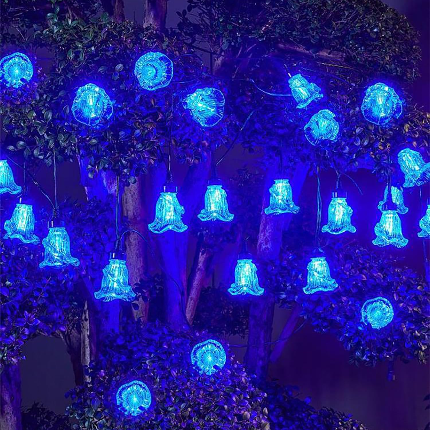 Catena luminosa solare per esterni, 5 m, 10 LED, lampada a forma di fiori di mucca, con telecomando, impermeabile, decorazione per casa, cortile, terrazza, feste, matrimoni (blu)