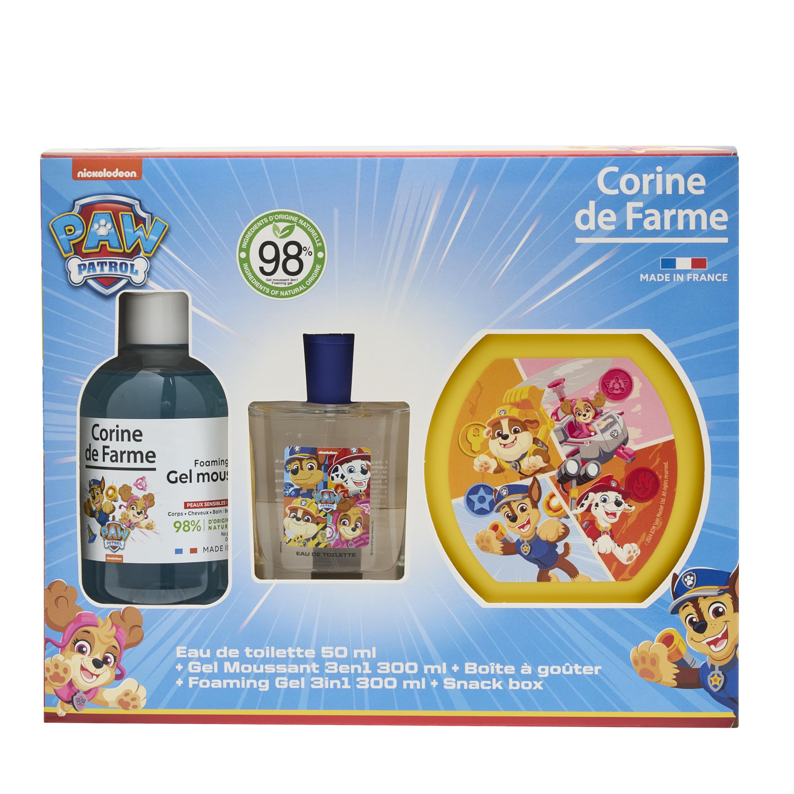 Corine de Farme Paw Patrol Geschenkset für Kinder, Eau de Toilette, 50 ml, Dusch- und Bade-Gel, 3-in-1, Körper und Haare, 300 ml und Lunchbox für Kinder, Moschusduft