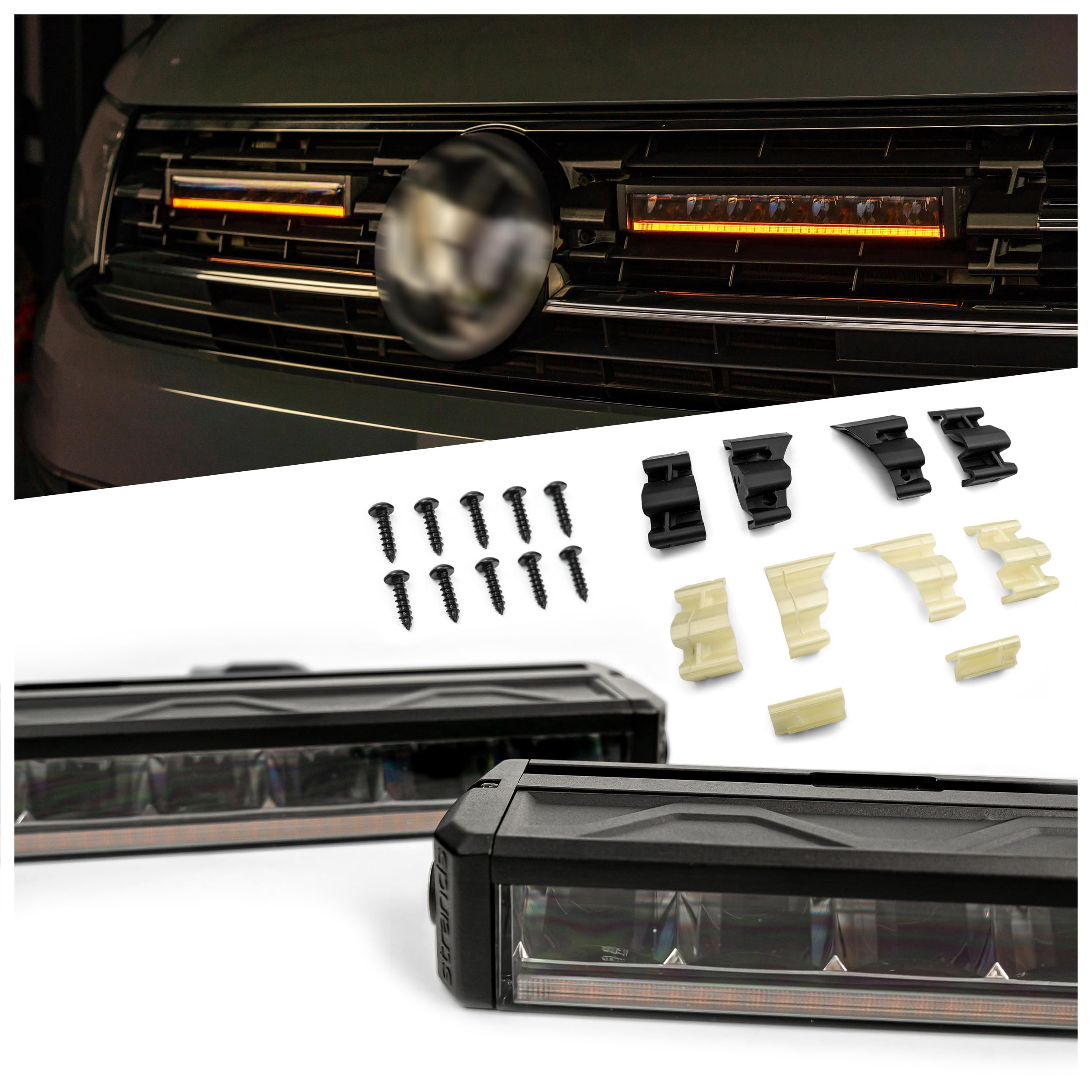 CHROMEMASTER | LED-Lampen im Fahrzeuggrill Kompatibel mit Volkswagen Multivan T6 2015-2019; 2x LED BAR Tagfahrlicht Strands Firefly 10’’, IP68, DT4-Stecker, E-Zulassung, 12-24V DC; 3 Leuchtmodi