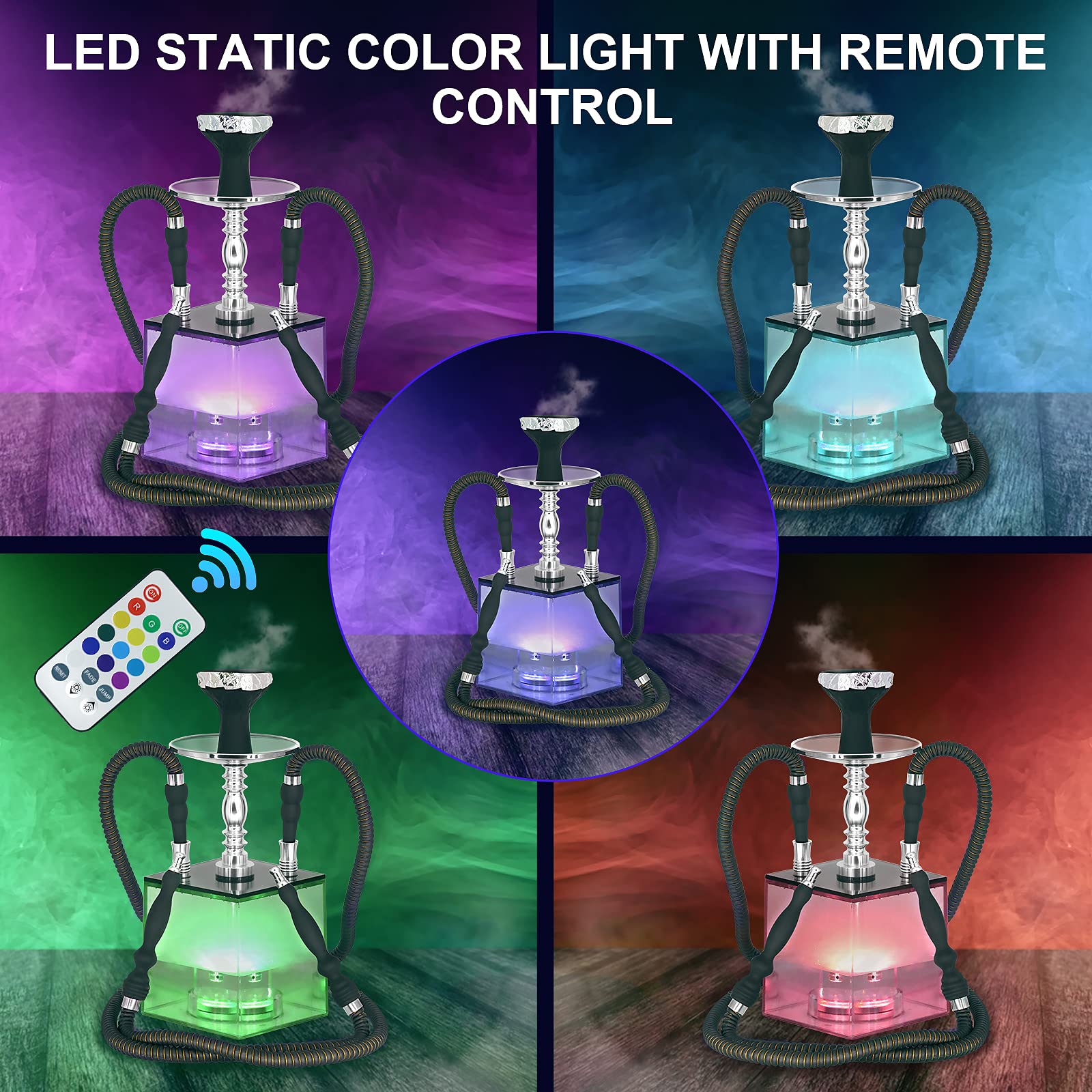 Hookah, juego de cachimba de acrílico con micro cubo LED – Incluye 2 mangueras – 16 fascinantes ajustes de color estático – Divertido kit de narguiles para adultos – hogar, bares, clubes, bodas,