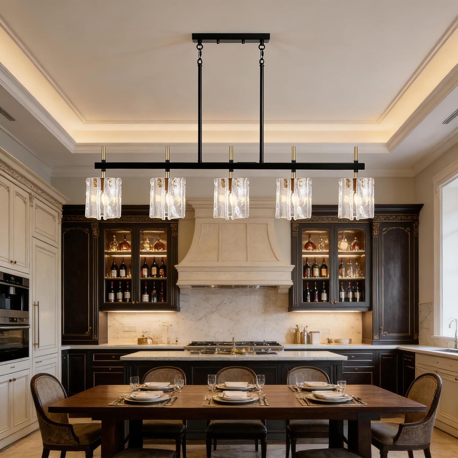 5-Light Dining Room Light Fixture 42"L Black and Gold Linear Chandeliers for Dining Room Over Table, Farmhouse Kitchen Island Pendant Light Fixtures with Clear Glass Shade and Adjustable Rods