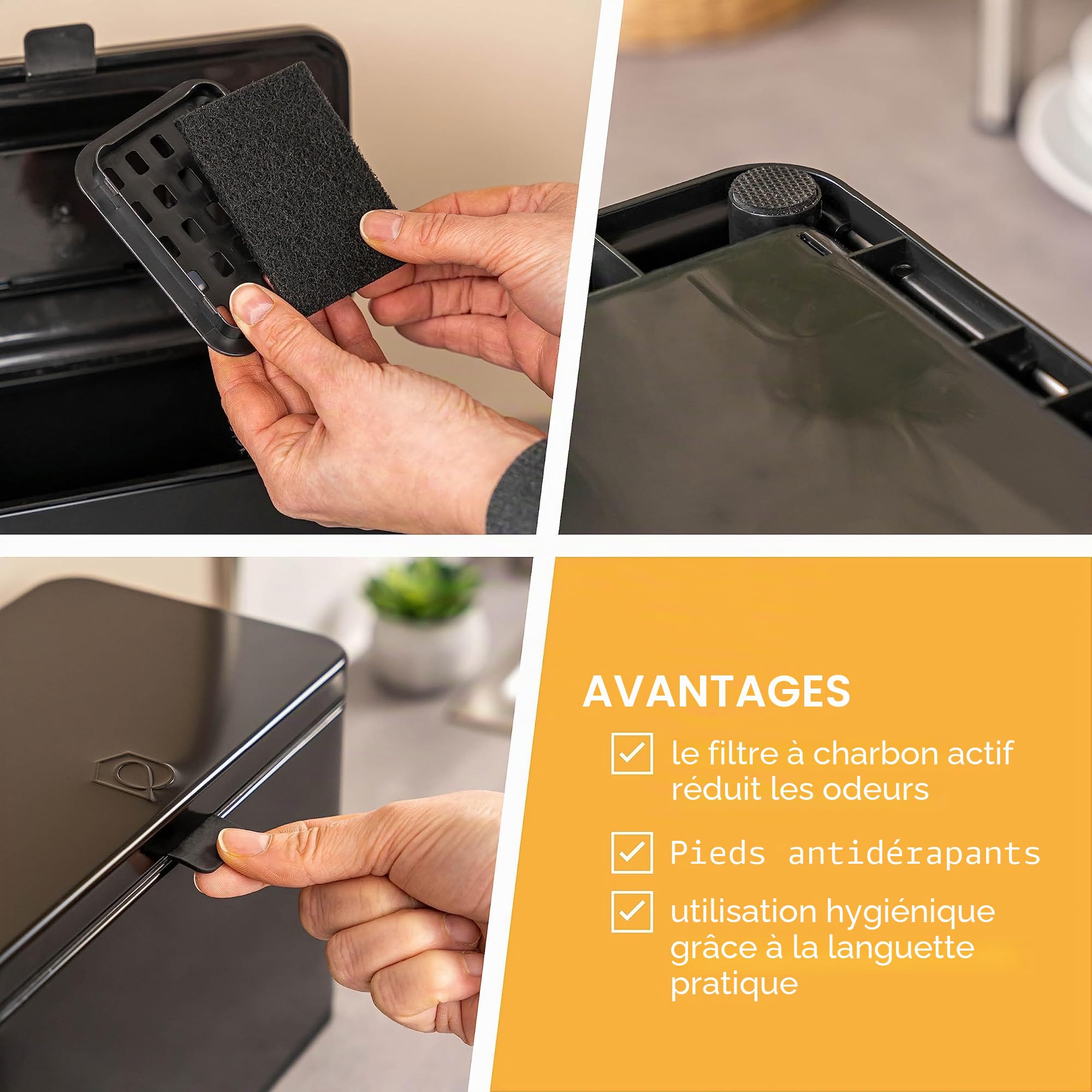 eluno Poubelle Bio 3 l avec Filtre Anti-odeurs, à Suspendre, Poser ou Coller, Seau à Compost, 3 Modes de Montage (Noir)