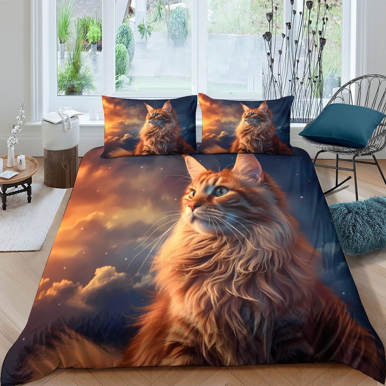 GPLZQXKJNH 3D Printed Majestic Cat Duvet Cover Microfiber Soft Breathable Sunset Cloud Bedding Set with 2 Pillowcases for Bedroom Home Single（135x200cm）