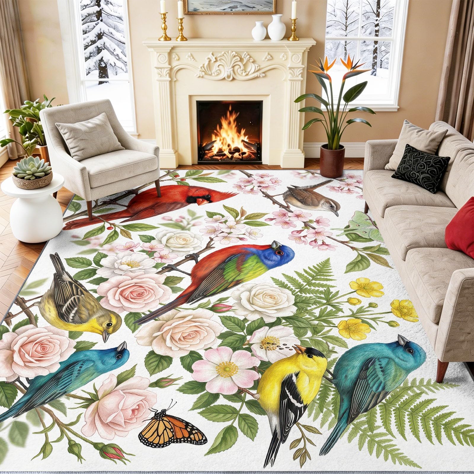 Paysage Naturel Interieur Tapis 120 x 170 cm Rouge Vert Poil Ras, AntidéRapant Tapis | Tapis Salon, Chambre Tapis,Descente de Lit, Salle a Manger, Bureau | Cardinal Bruant Végétation Bouquet De Fleurs