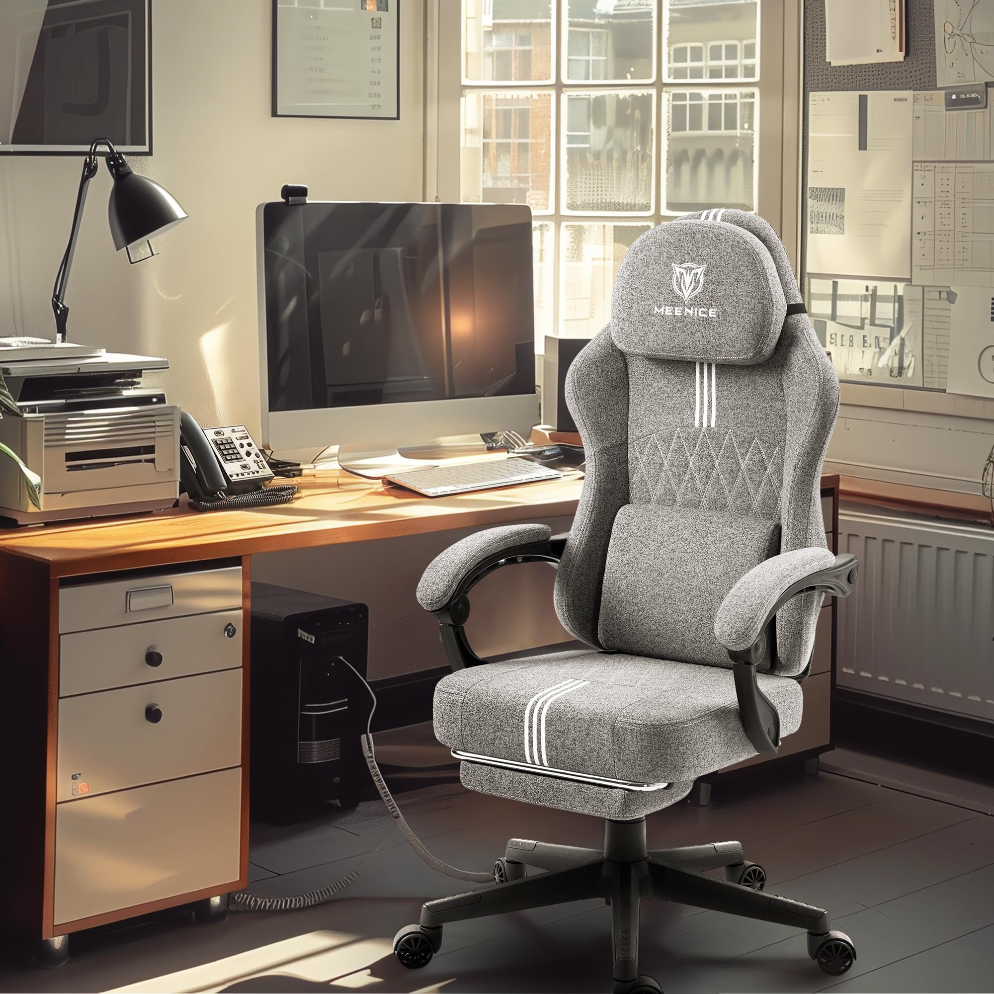 Gaming Stuhl Stoff mit Taschenfederkissen, Gaming Sessel mit Fußstütze, Game Stuhl Hohe Zurück für Erwachsene Anthrazit
