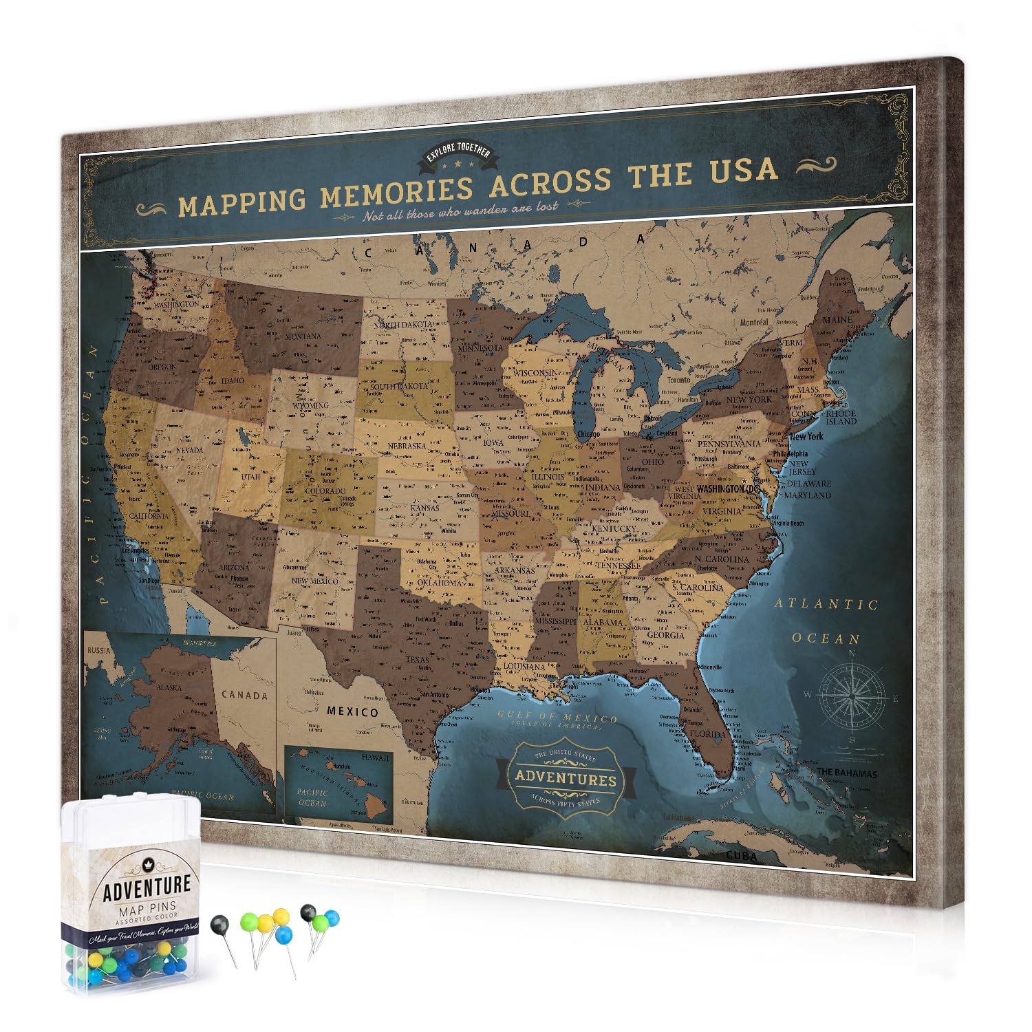 DECORARTS USA Travel Map with Pins, Deep Blue USA Map Pin Board, 30x24''