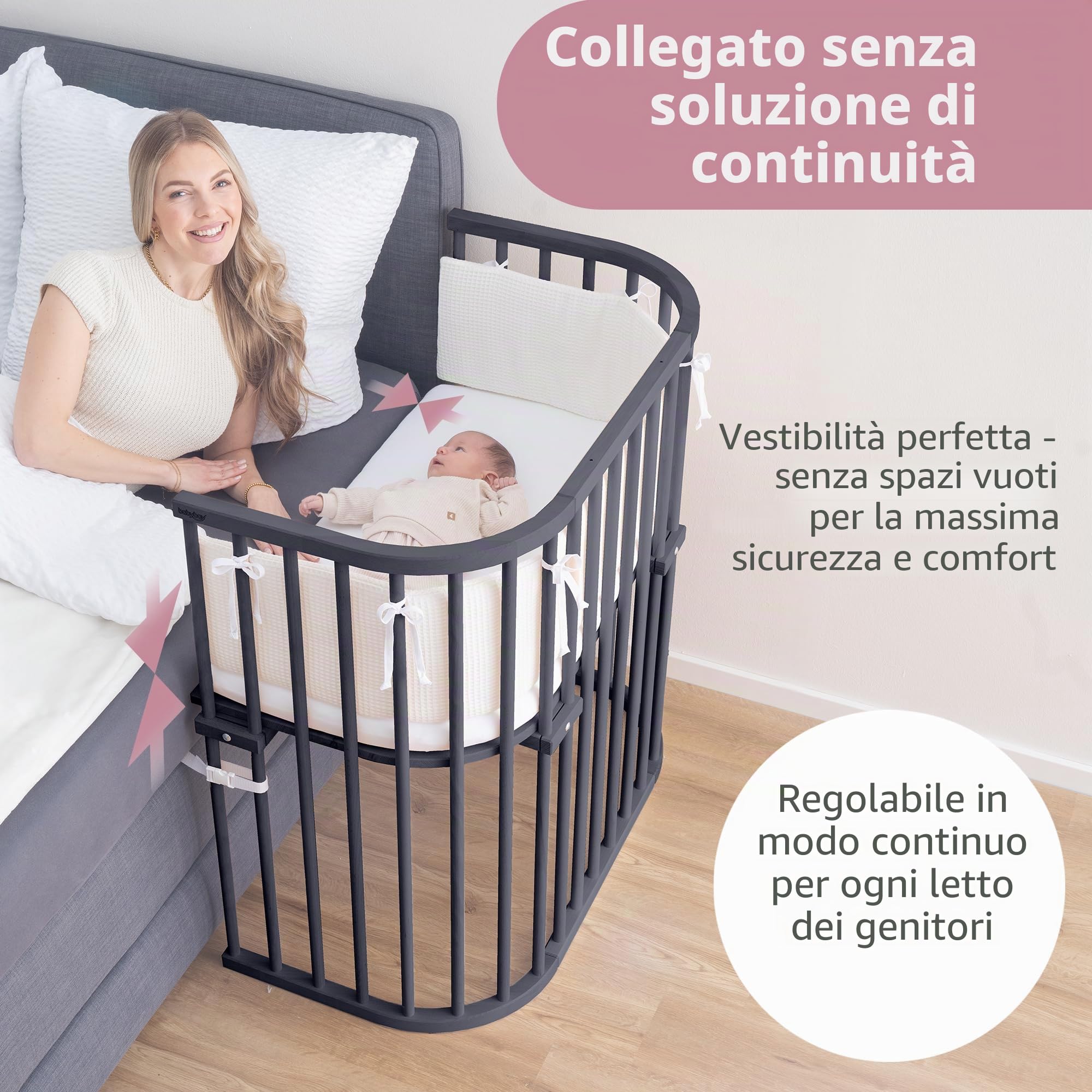 babybay Boxspring Lettino in legno massello di faggio, compatto e trasformabile, altezza regolabile senza livelli preimpostati, lettino per bambini (verniciato grigio ardesia), con materasso, griglia