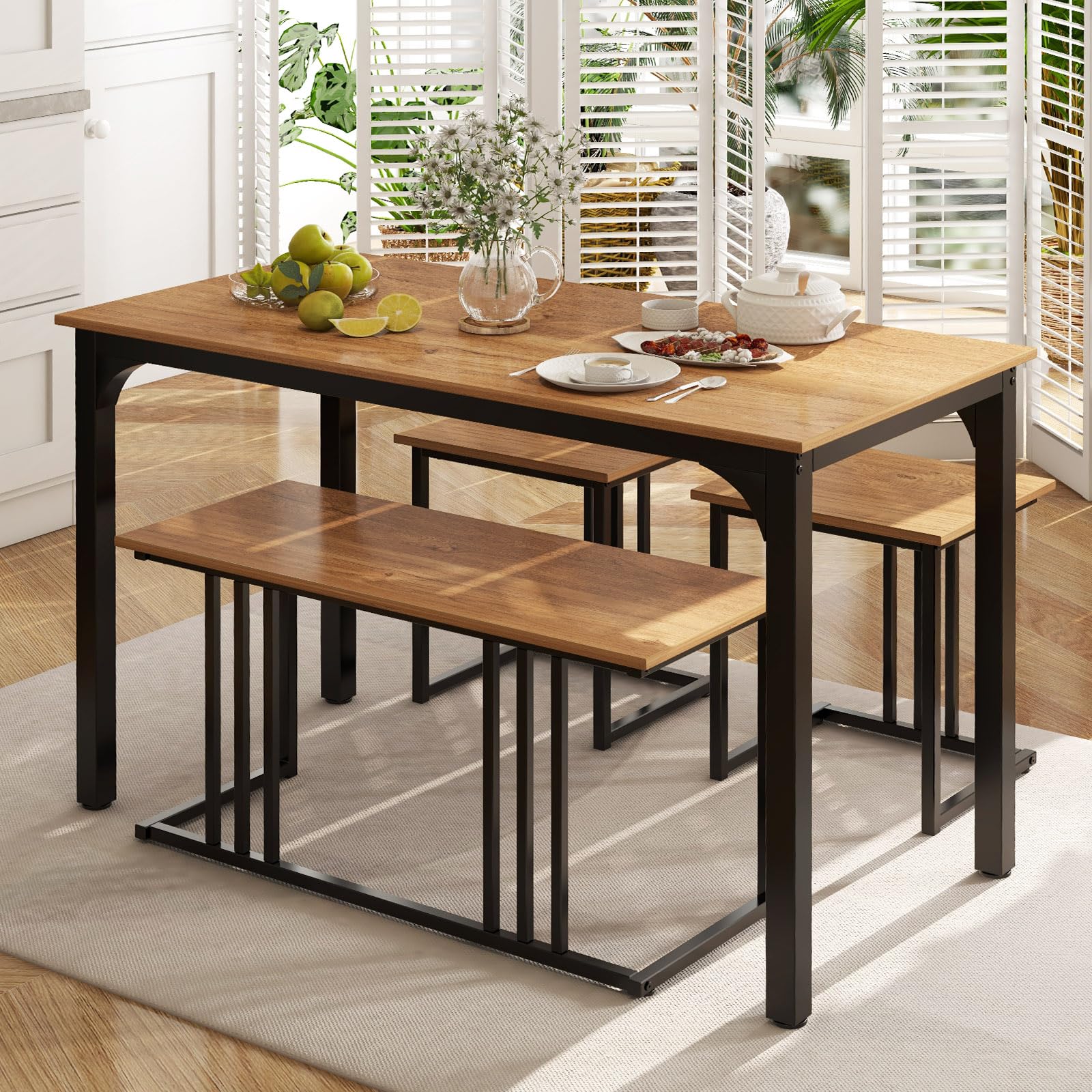 COSTWAY Ensemble de Table à Manger 4 Pièces, Table avec Banc et 2 Tabourets pour 4 Personnes, Structure en Métal Antirouille, pour Cuisine, Restaurant, Bar (Naturel)