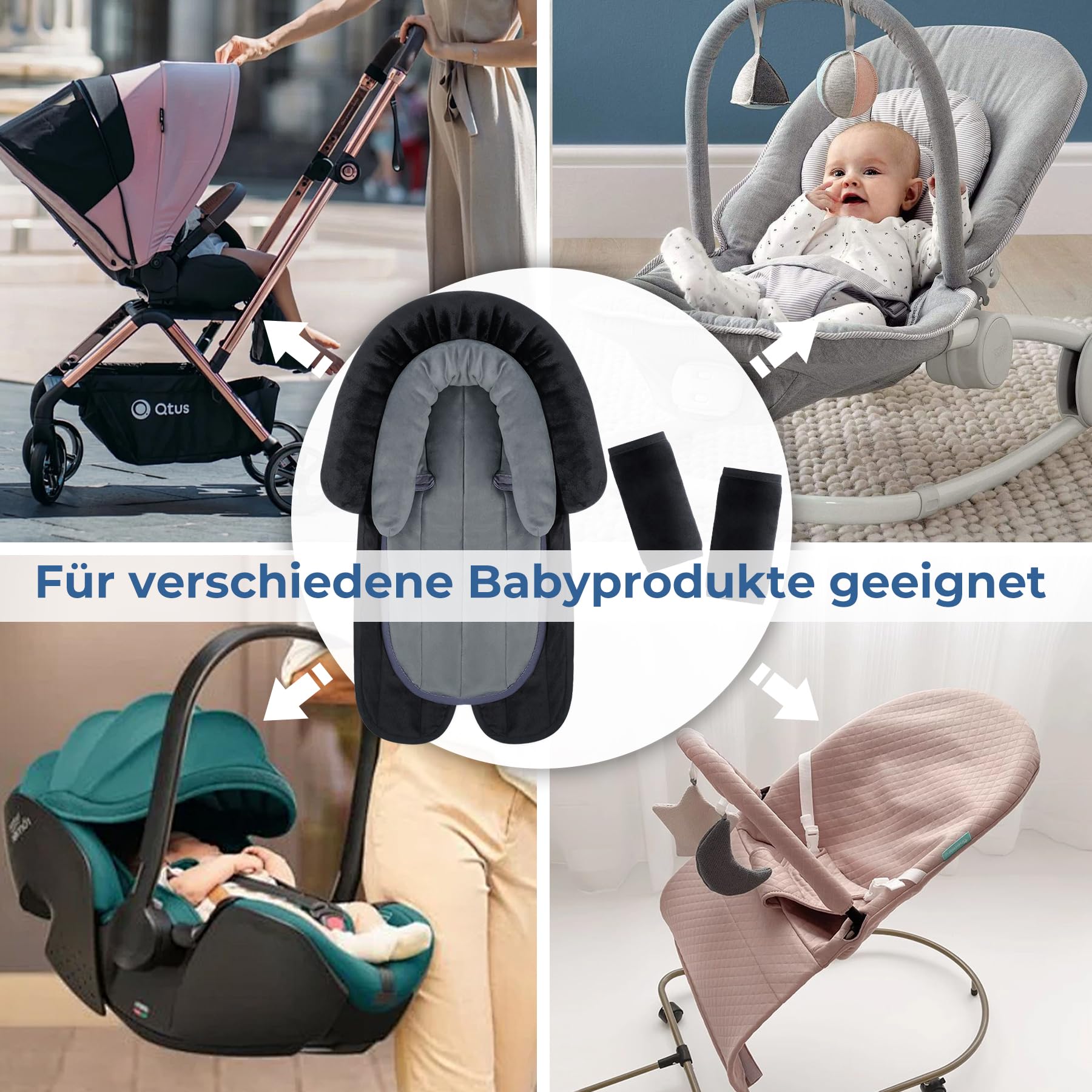 INFANZIA Reductor de asiento de bebé 2 en 1 con acolchado para cinturón de seguridad, universal, para todos los cochecitos, uso para recién nacidos, reposacabezas para portabebés y asientos de coche