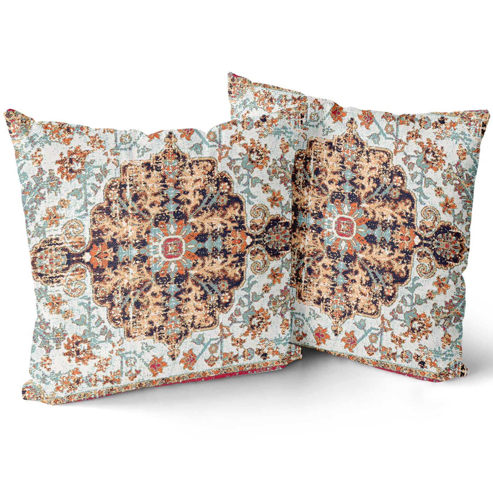 Kawani Orange Peach Aqua Ethnic Boho Throw Pillow Covers 18x18 Inch Bohemian Carpet Vintage Black Coral Floral Decorative Pillows Farmhouse Accent Home Decor for Bedroom Couch Sofa Porch Set of 2 — image 1