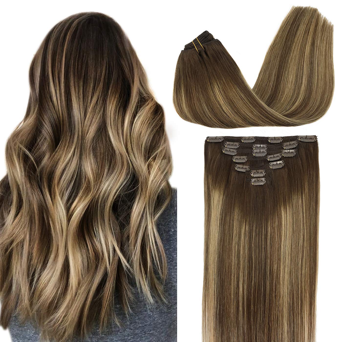 GOO GOOClip in Hair Extensions Real Human Hair, Remy Human Hair Extensions Clip ins for Women, Natural Human Hair, 20inch 120g 7Pcs, 4/26/4 Balayage Chocolate Brown to Honey Blonde