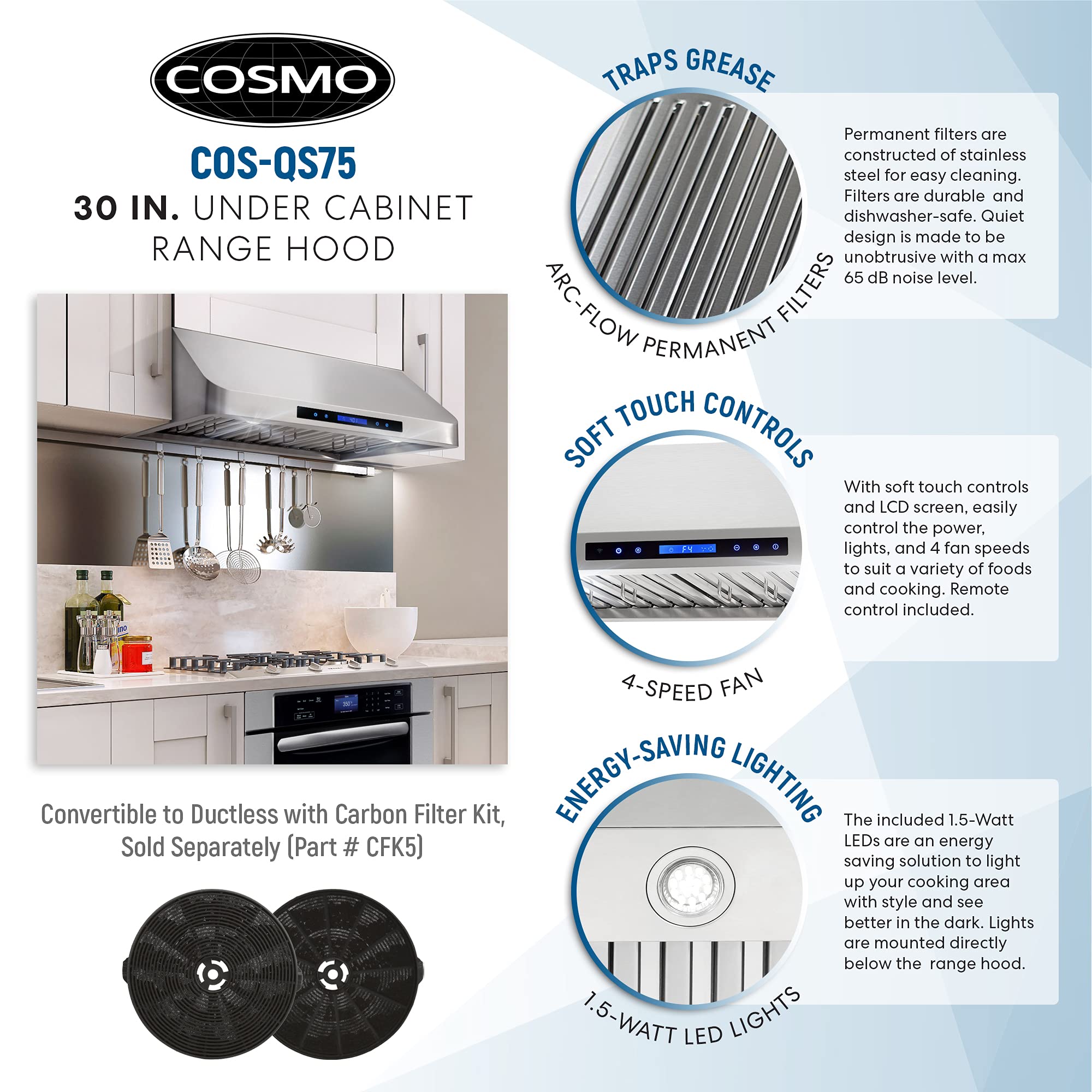 Cosmo Qs75 30In Ducted Stainless Steel Range Hood at