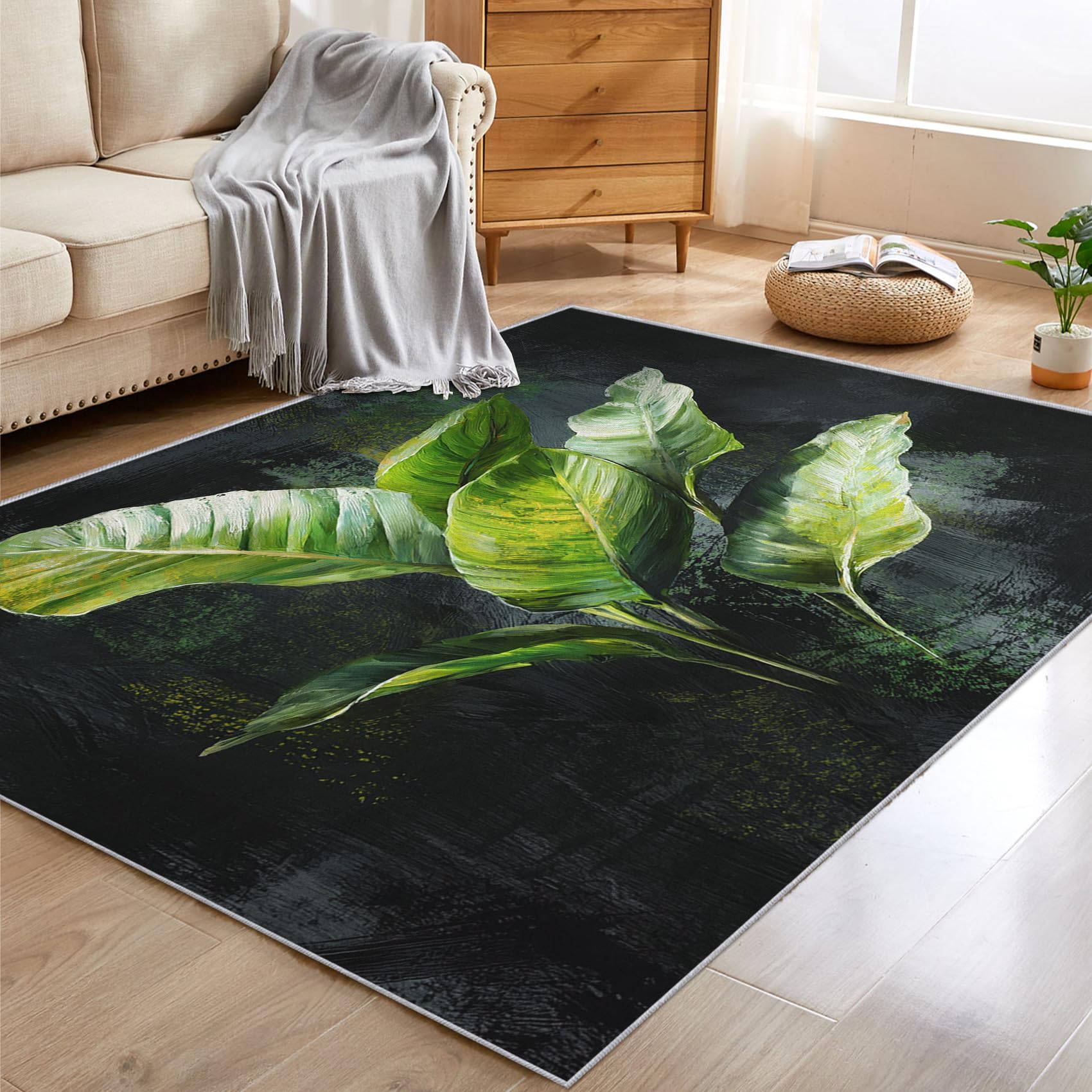 Generisch Grün Blatt Teppich Wohnzimmer 200x230, Kurzflor Teppich Schlafzimmer Pflanzen Blätter Wohnzimmerteppich Groß, Weich Flanell - Antirutsch Carpet H-56