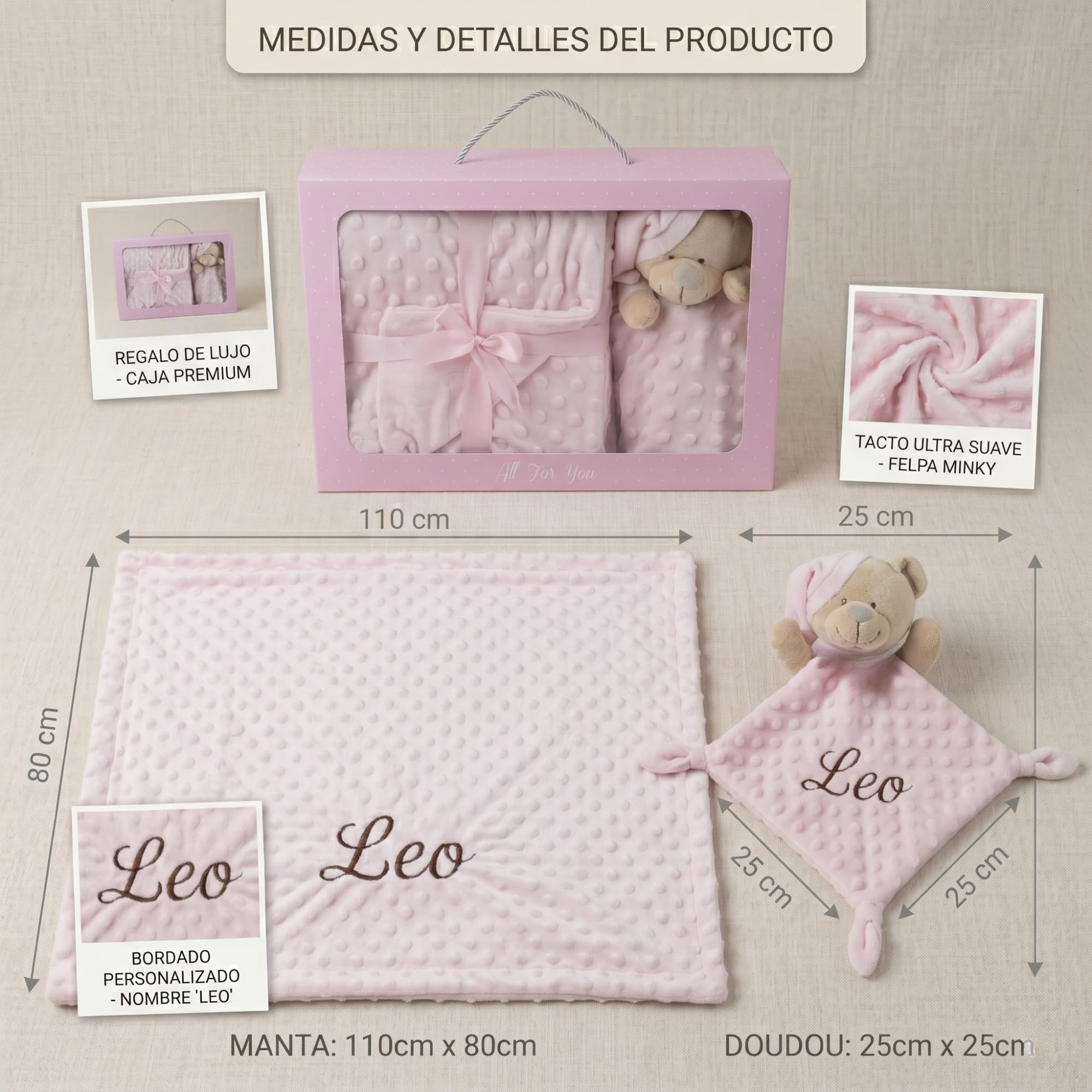 Pack Manta Bebé Personalizada con Nombre Bordado con Doudou Crochet Regalo Personalizado Bebe Recién Nacido Niño Niña Mantita Suave 110x80 cm Dou Dou 25x25 cm Apego Baby Shower Bautizo — view 2