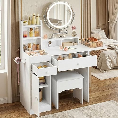 IRONCK Escritorio de tocador con espejo de luces LED y toma de corriente, tocador de maquillaje con taburete de almacenamiento y estante para