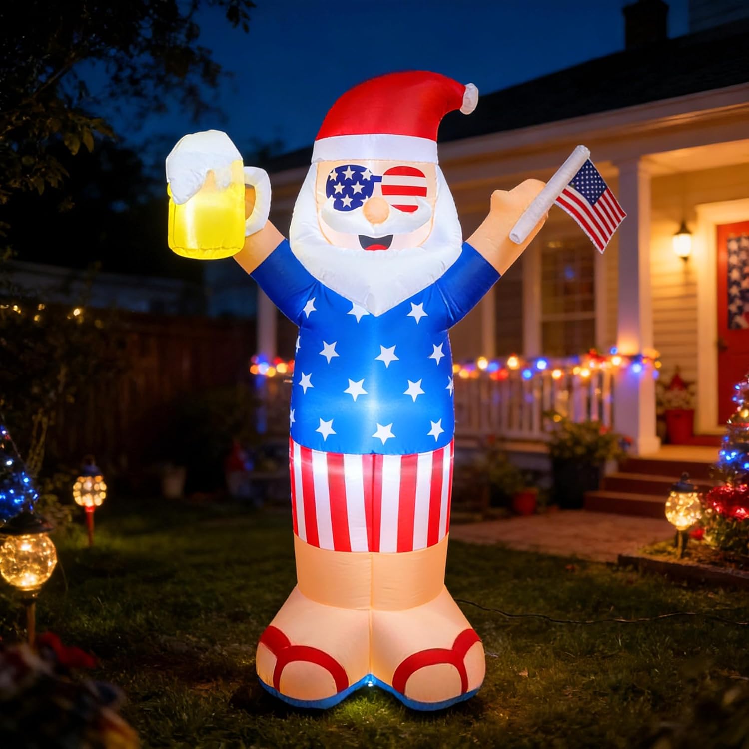 6ft 4th of July Uncle Sam Inflatables, Patriotic Outdoor Decorations with Beer, American Flag & Built-in LEDs, Blow Up for Independence Day Yard Garden