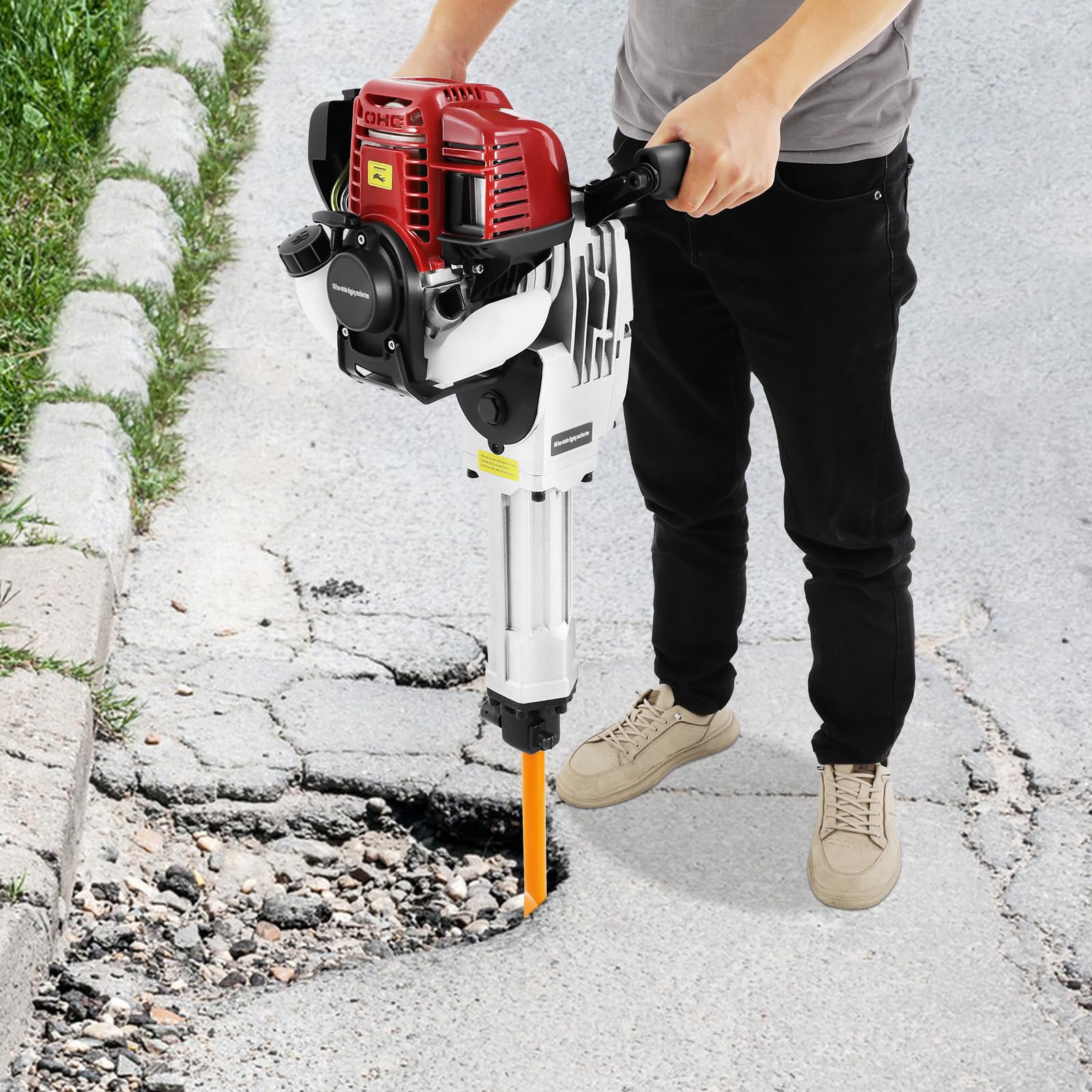 Benzynowy młot wyburzeniowy, 4-suwowy, 1,2 kW, jednocylindrowy, chłodzenie powietrzem, młot udarowy 8500 obr./min, siła udaru 20-65 J, z instrukcją obsługi i lejkiem do kruszenia i wykopu