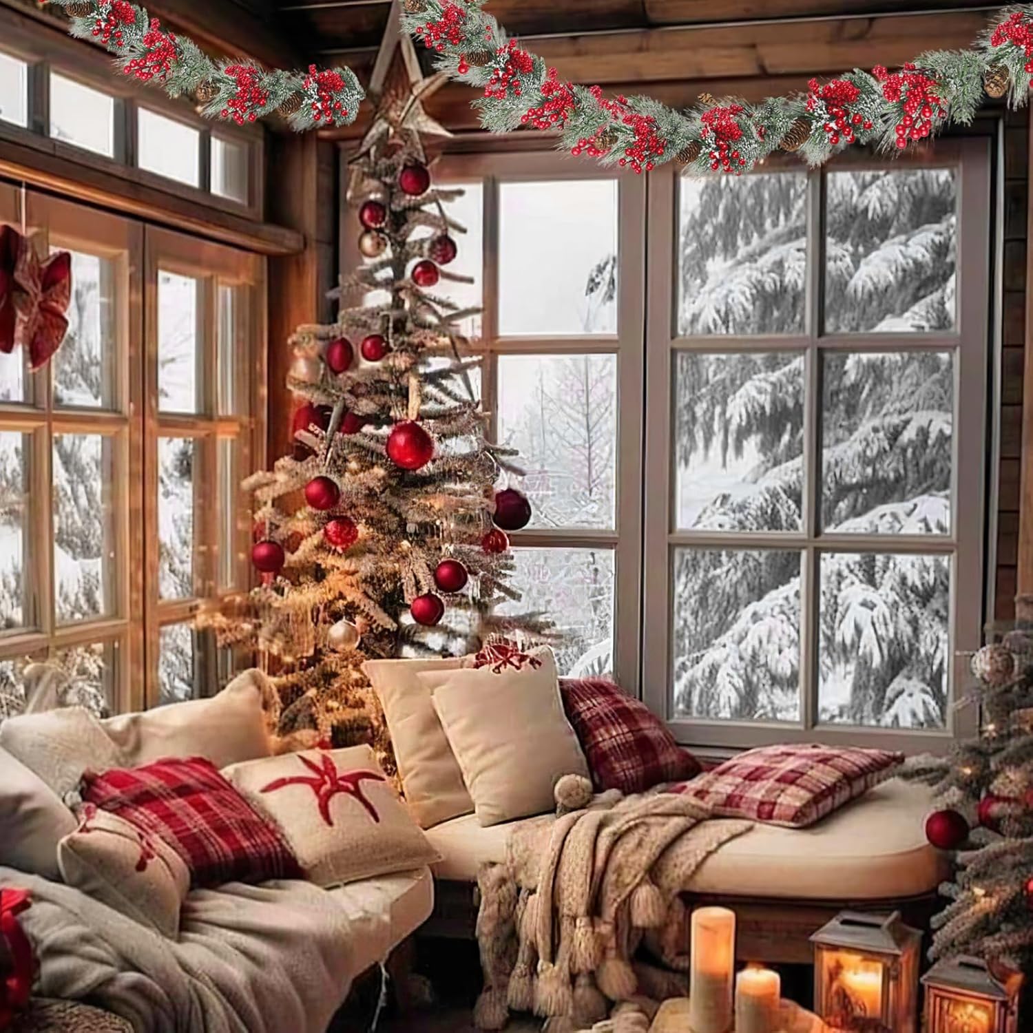 Christmas Garland for Decoration Red Berry Artificial Flowers Vines Christmas Outdoor Faux Greenery Garland Winter Pinecone Snowy Pine Needles Hanging Vine for Mantle Fireplace Party Home Decor - Image 3