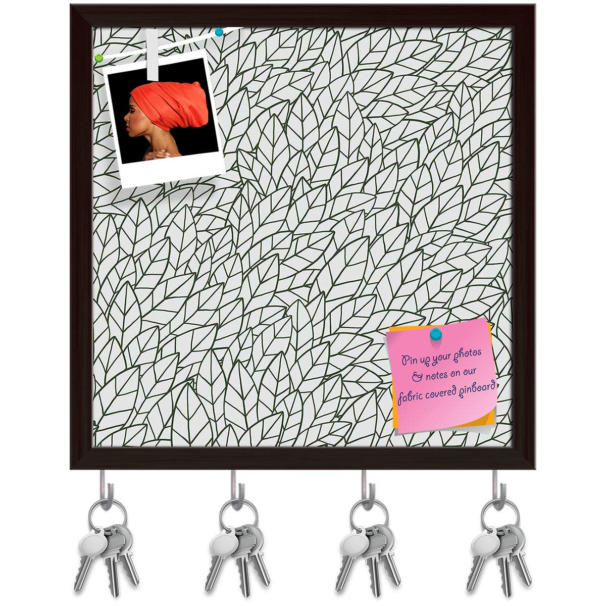 ArtzFolio Leafy Leaves Bulletin Notice Pin Board | Vision Soft Board | Inbuilt Key Holder Hooks | Dark Brown Frame 20 x 20 inch (51 x 51 cms)