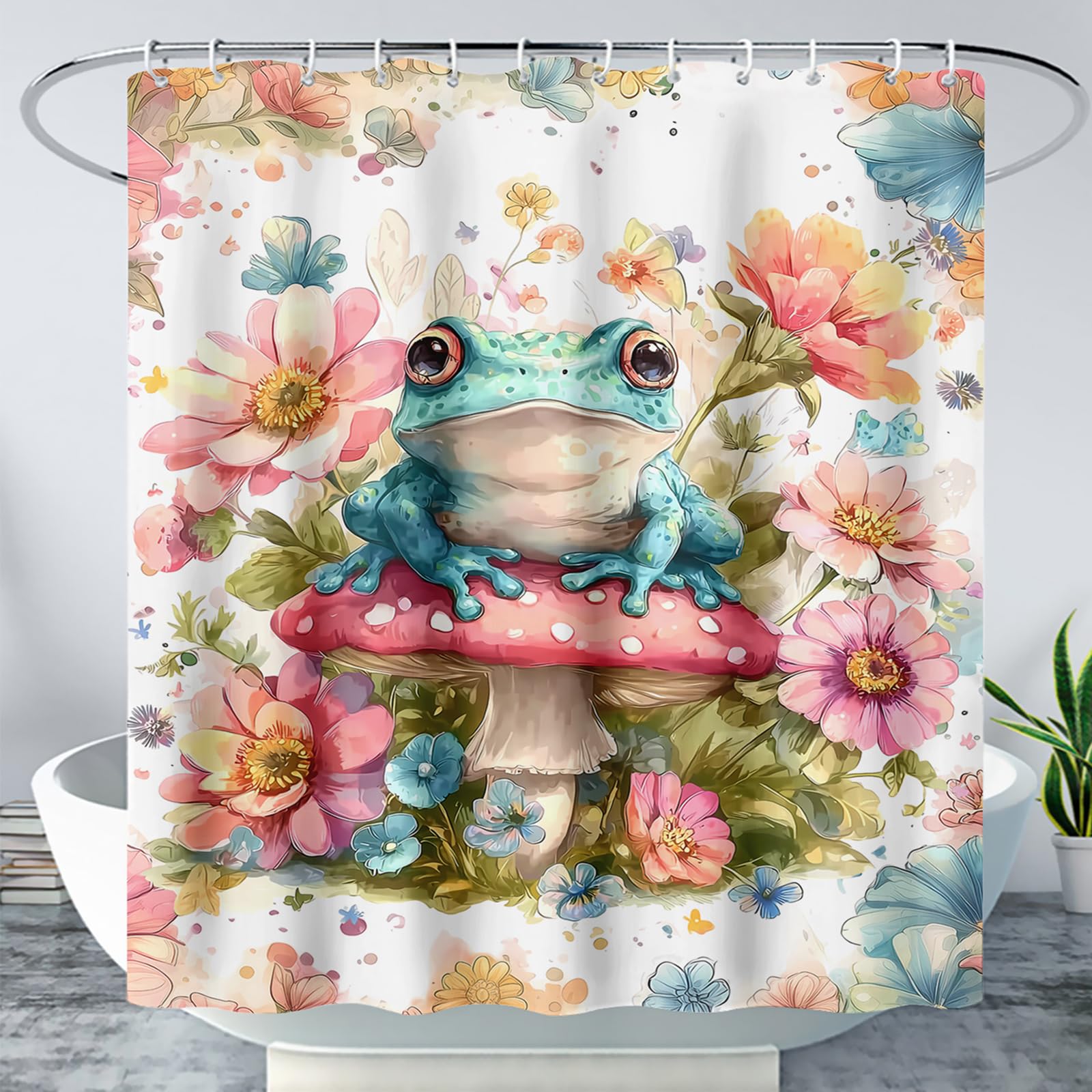 AILONEN Frog Mushroom Shower Curtain for Bathroom - Watercolor Flower Frog Curtains 72