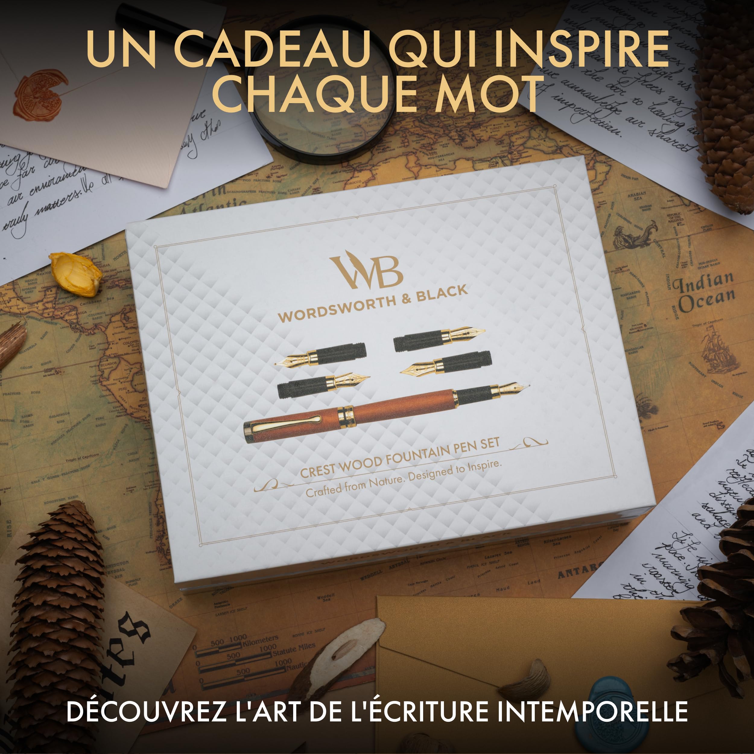 Wordsworth & Black Coffret Stylo Plume en Bambou Cerisier, 4 Plumes