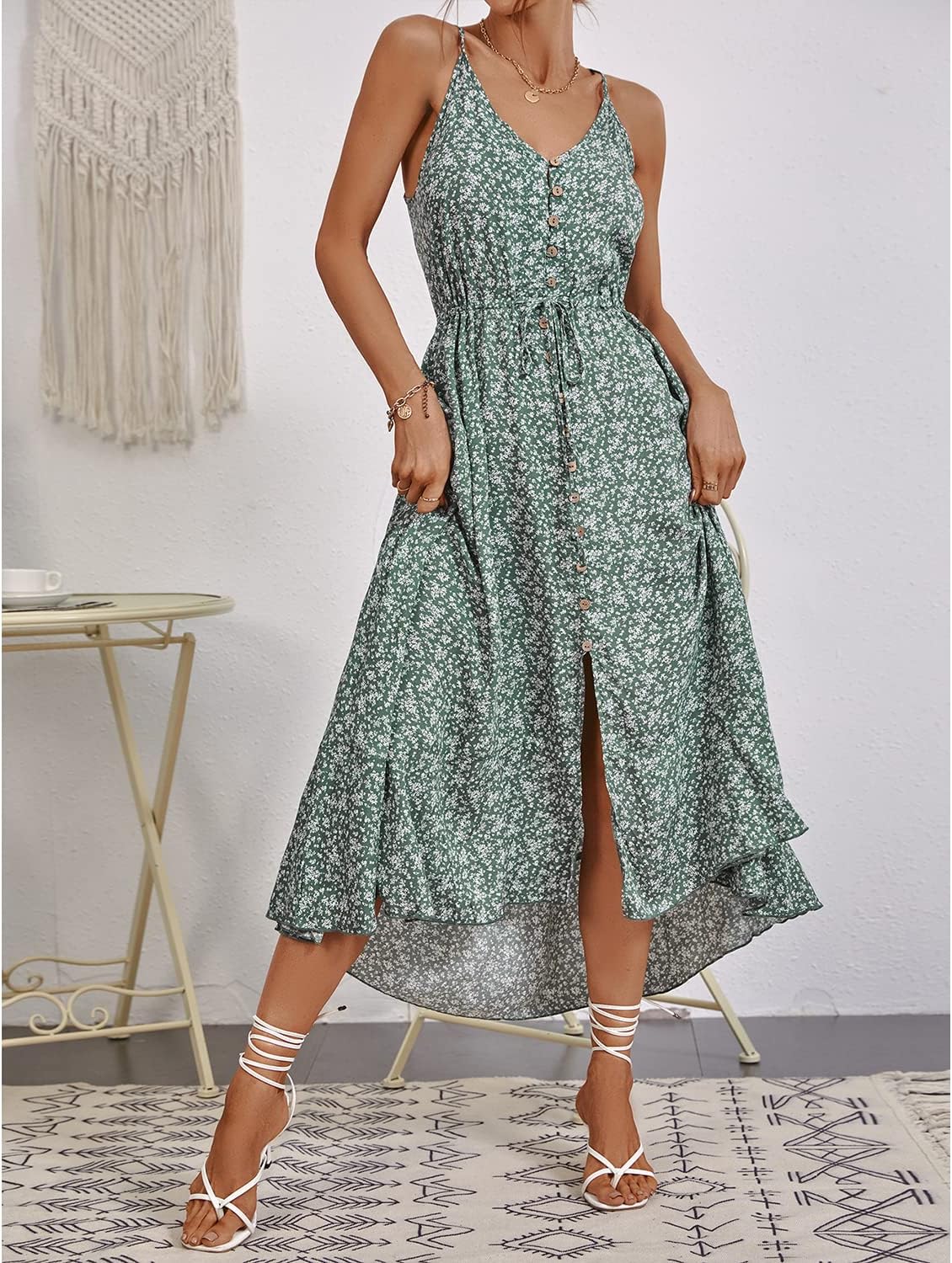 BROVAVE Women's 2026 Summer Casual Boho Sundress Polka Dot Spaghetti Strap V Neck Flowy Midi Dresses - Image 3