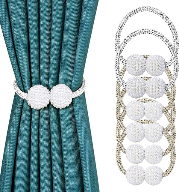 WOVTE Curtain Tiebacks, 6PCS Pearl Ball Magnetic Curtain Tiebacks Pretty and Fashion Curtain Rope Holdbacks for Home, Office, Hotel Window Decoration