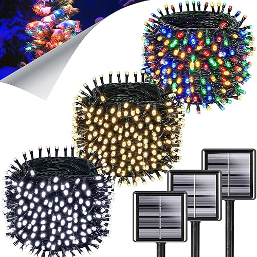 KAQ Luces solares de Navidad (cálidas, frías y multicolores) paquete de 3 tiras de luces solares de 270 pies y 750 LED para exteriores, impermeable,