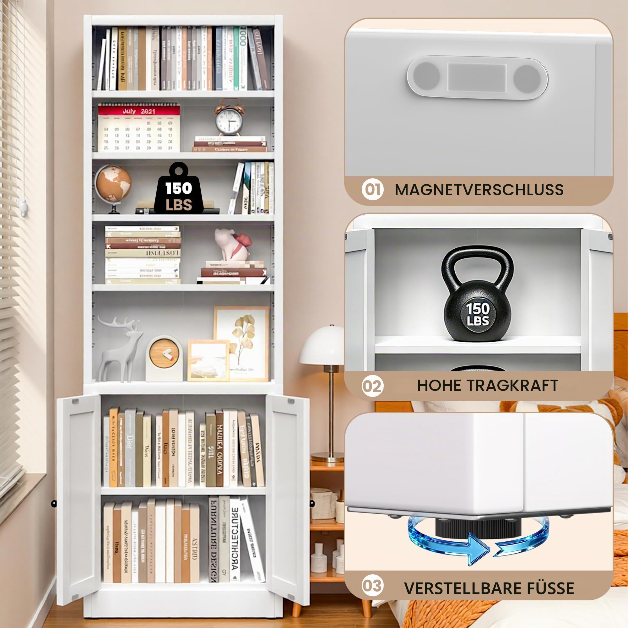 24" breites Bücherregal mit Schrank, 7-stufiges Bücherregal und 5 verstellbare Einlegeböden, hohes Metallbücherregal für Home Office und Wohnzimmer