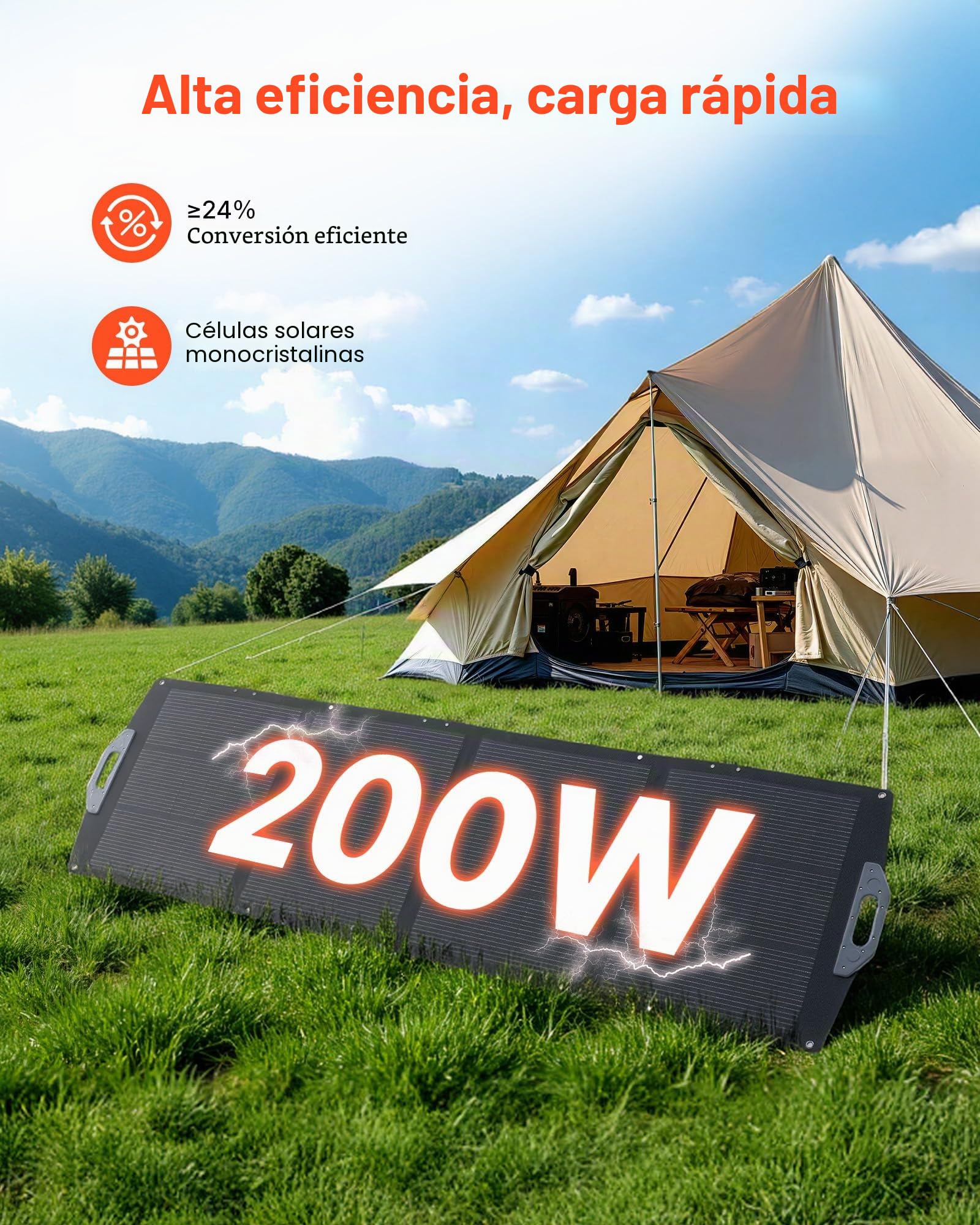 VEVOR Placa Solar Plegable 200 W, Panel Solar Monocristalino Portátil, Alta Eficiencia 24%, con Puertos USB MC4 DC, Impermeable IP67, Cargador para Viajes Acampadas Autocaravanas Estaciones de Energía