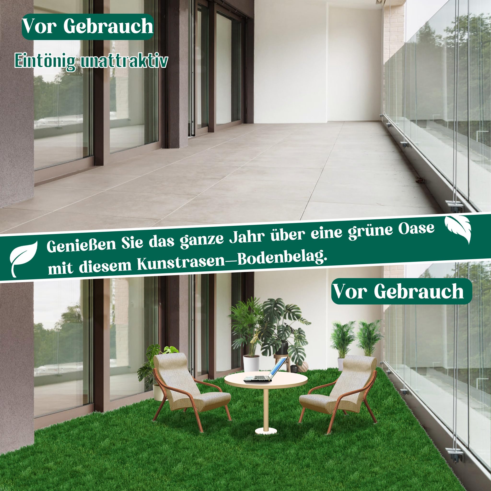Kunstrasen Fliesen 30×30 cm, 11 Stück – 40 mm hoher Outdoor Kunstrasenteppich mit Drainagelöchern, UV-beständig & wetterfest – Künstlicher Rasen für Balkon, Garten & Terrasse
