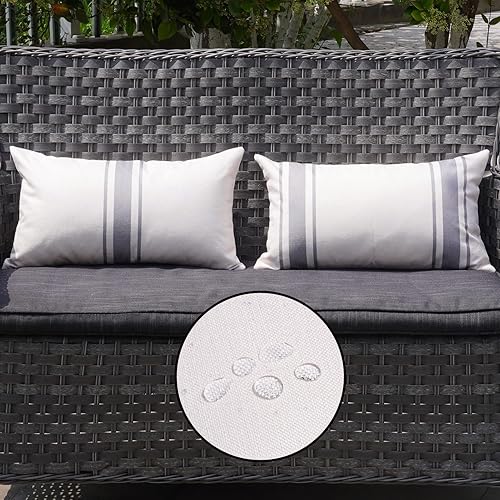 Miniatura 8 de ONWAY Juego de 2 fundas de almohada para exteriores impermeables de 12 x 20 pulgadas, fundas de almohada lumbar, color beige y negro, a rayas para