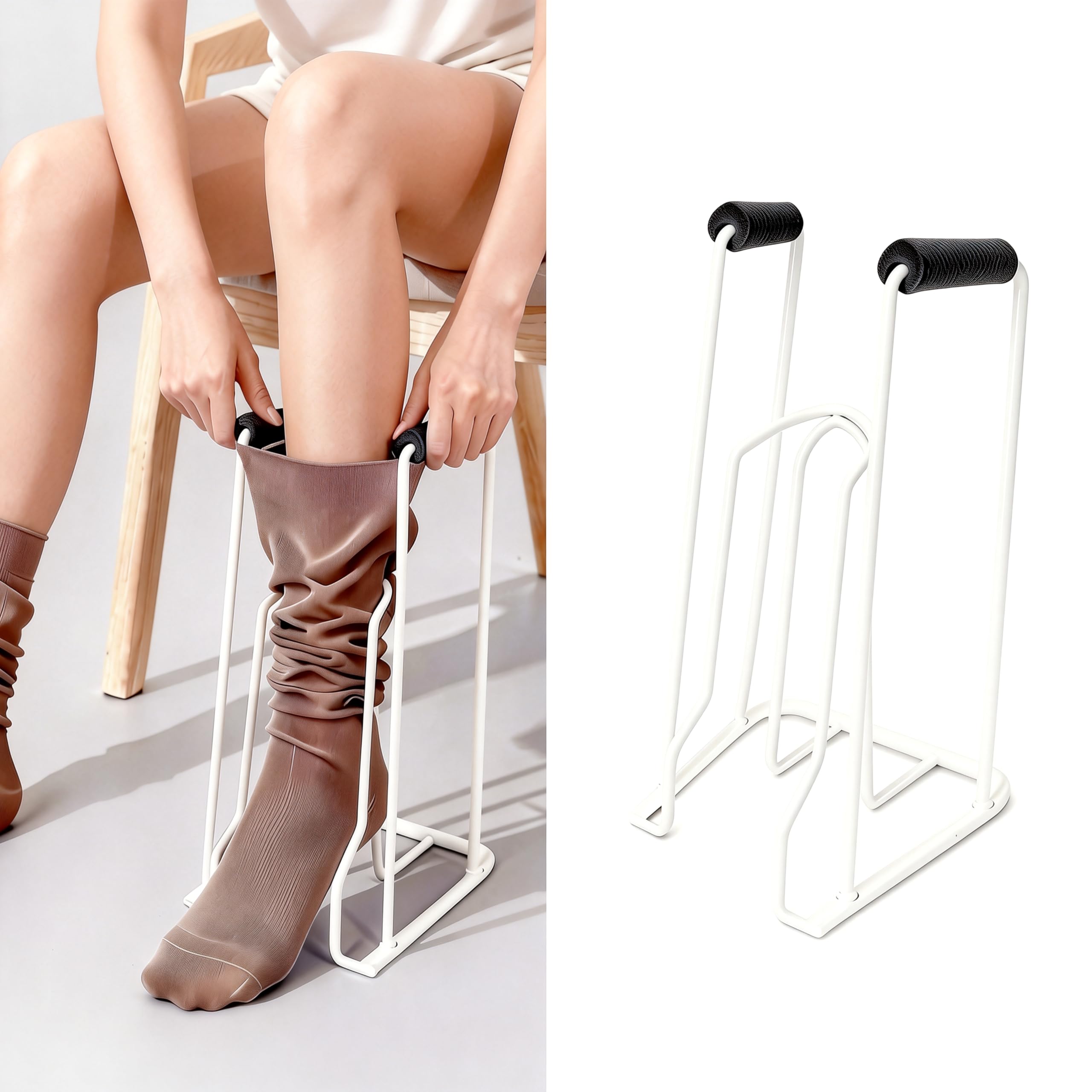 Infila Calze per Anziani in Metallo, Attrezzo Infila Calze Elastiche e a Compressione, Doppia Impugnatura, per Calze fino a 42 cm di Circonferenza, Ideale per Mobilità Ridotta