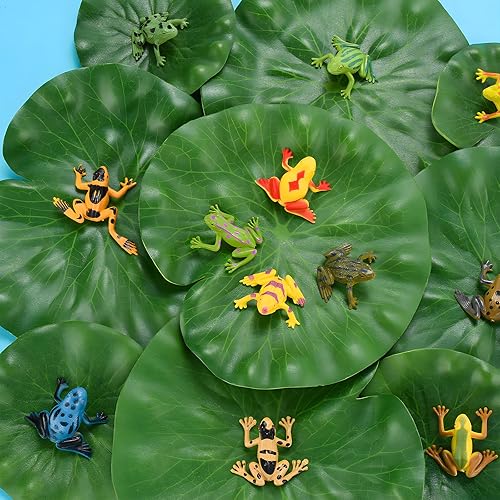 Miniatura 4 de Paquete de 32 mini ranas de plástico para decoración y lirios artificiales, incluye 12 ranas de plástico coloridas y 20 almohadillas flotantes de
