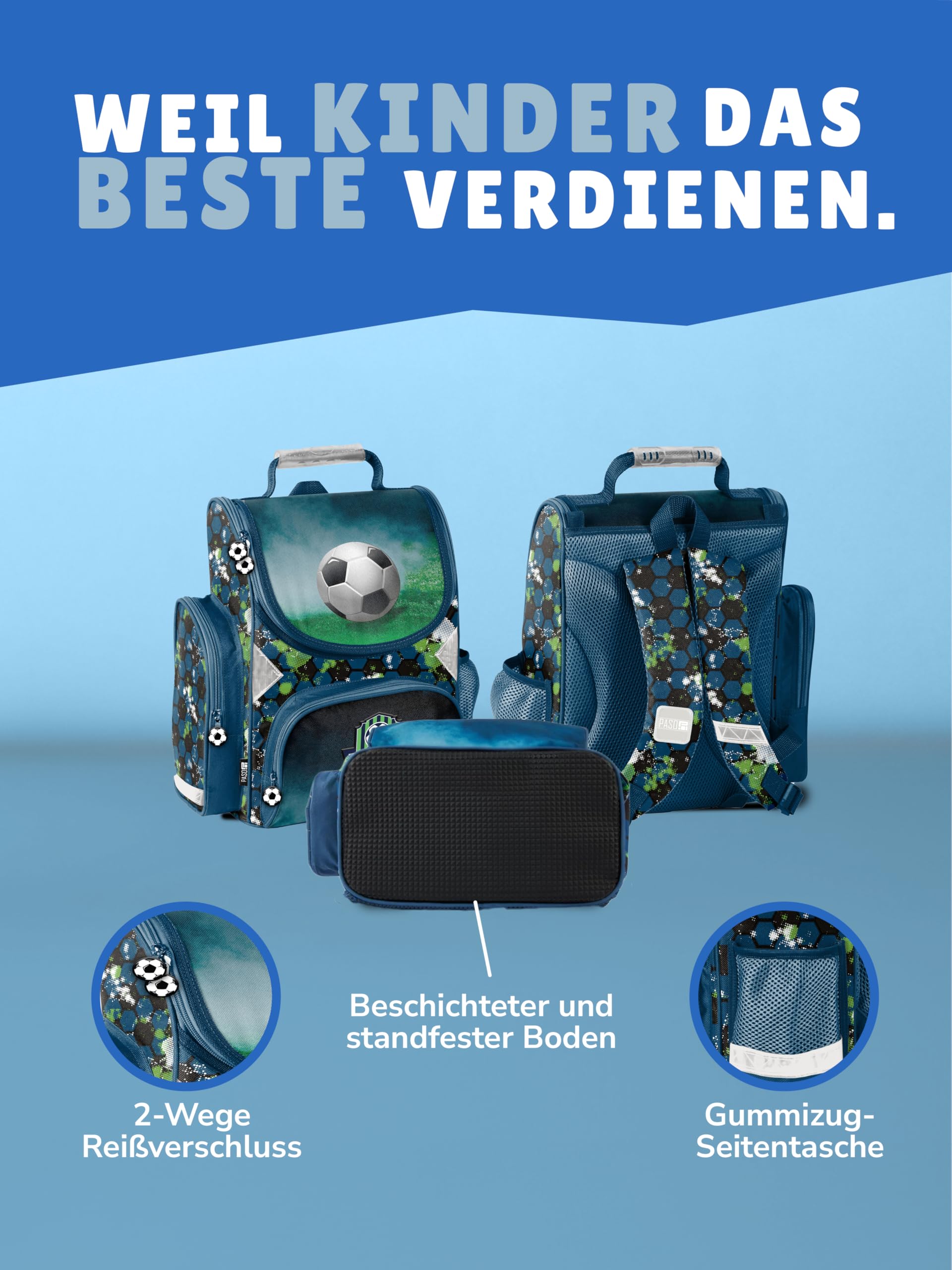 Familando - Schulranzen Set - 10-teilig mit Schultüte - Fussball - Ergonomisch, stabil & mit gepolstertem Rücken - 1000g leicht - 15L Volumen - Mit Reflektoren - Für Grundschule ab 1. Klasse