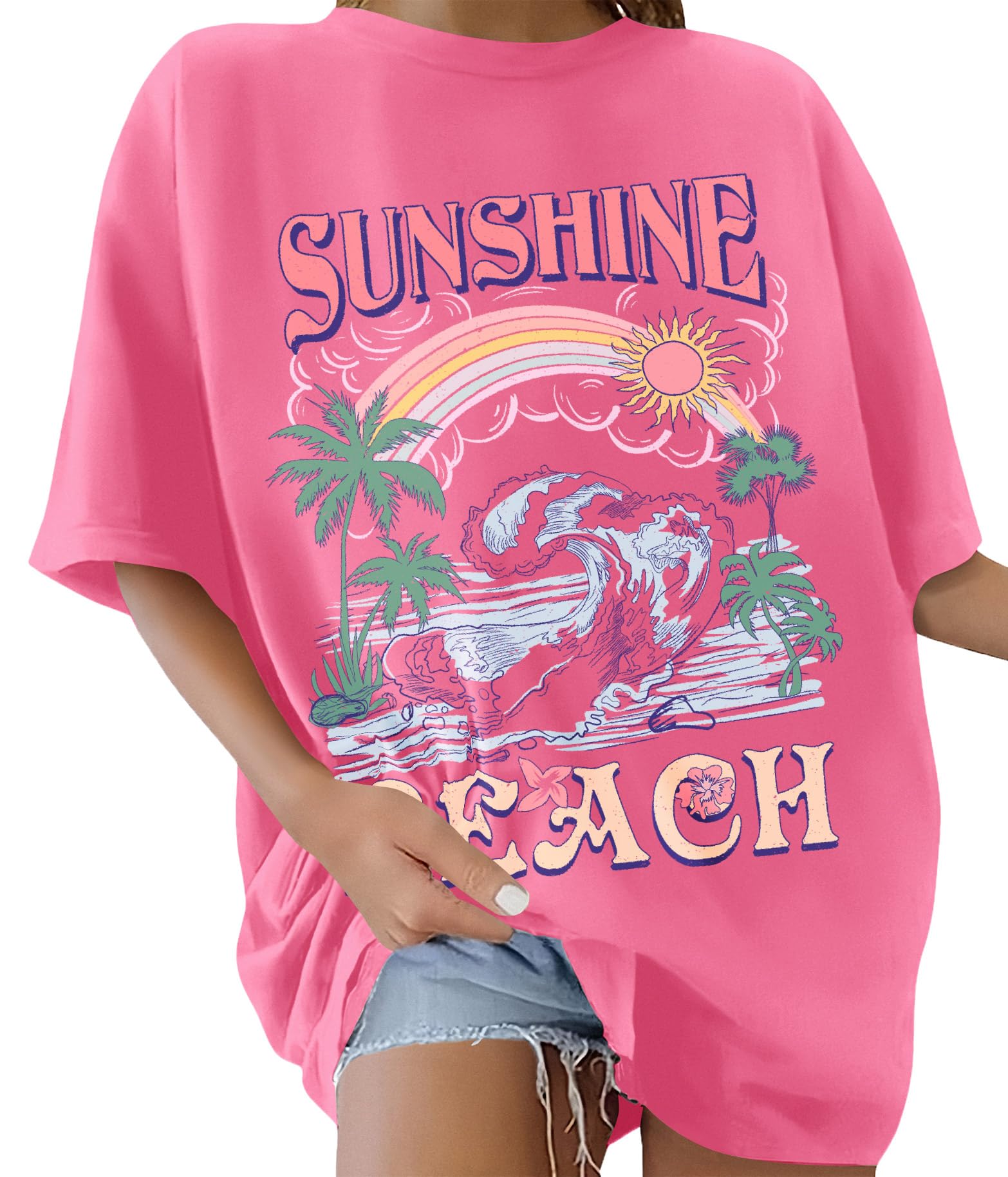 TOMEEK Damen T-Shirt Kurzarm Rundhals Oversized Tshirt Sommer Baumwolle Locker Basic T-Shirt Für Damen Vintage Strand Bedruckte Schulter Top Casual Frauen Shirt