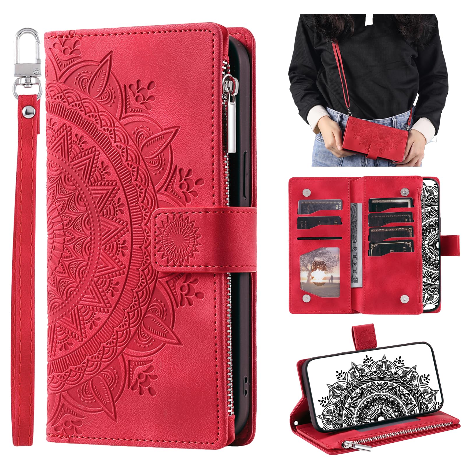 Crossbody Wallet Case for Moto One 5G Ace, Leather Case with Lanyard Strap Wristlet Zipper Card Holder, Flip Phone case Cover for Motorola One 5G Ace (Red)