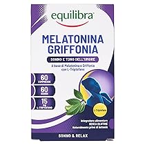 Equilibra Integratori Alimentari, Melatonina + Griffonia, Integratore a Base di Melatonina e Griffonia, Contribuisce a Ridurre il Tempo di Addormentamento, Favorisce il Rilassamento, 60 Compresse