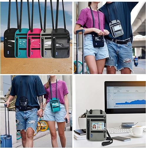 Miniatura 7 de Surblue Cartera de cuello con bloqueo RFID, soporte para pasaporte de viaje, bolsa para el cuello, tarjetero de vacunación para mujeres y hombres,