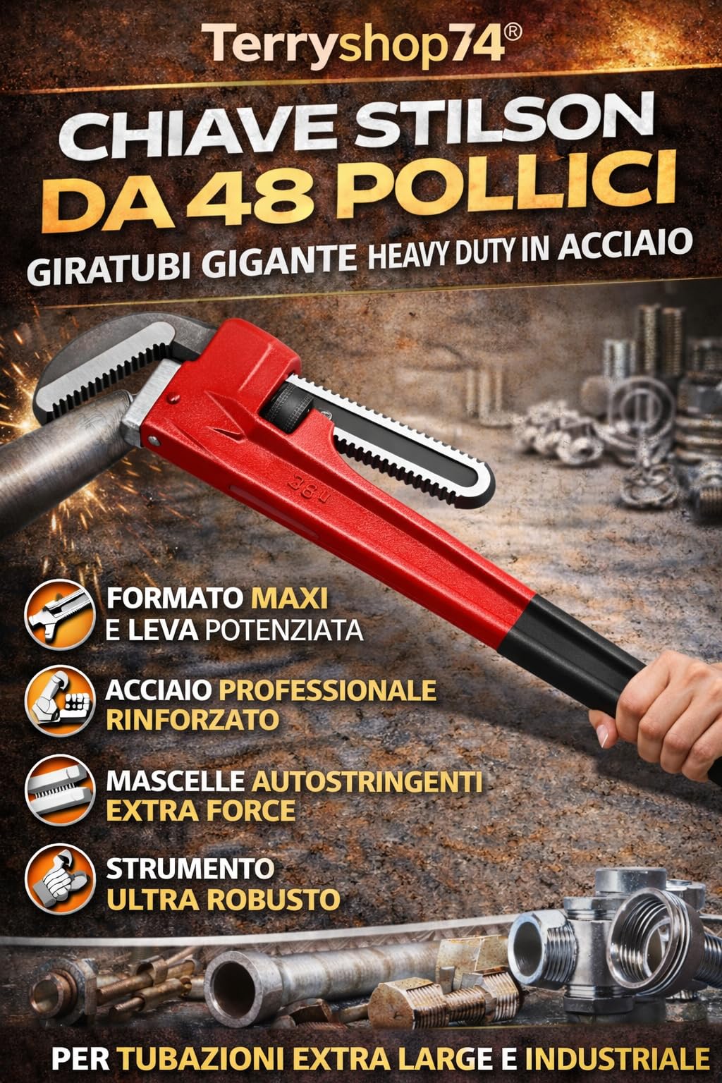 Terryshop74® Llave Stilson 48 pulgadas 1200 mm – Giratubos gigante Heavy Duty para tubos industriales – Acero profesional reforzado (48 pulgadas/1200 mm)