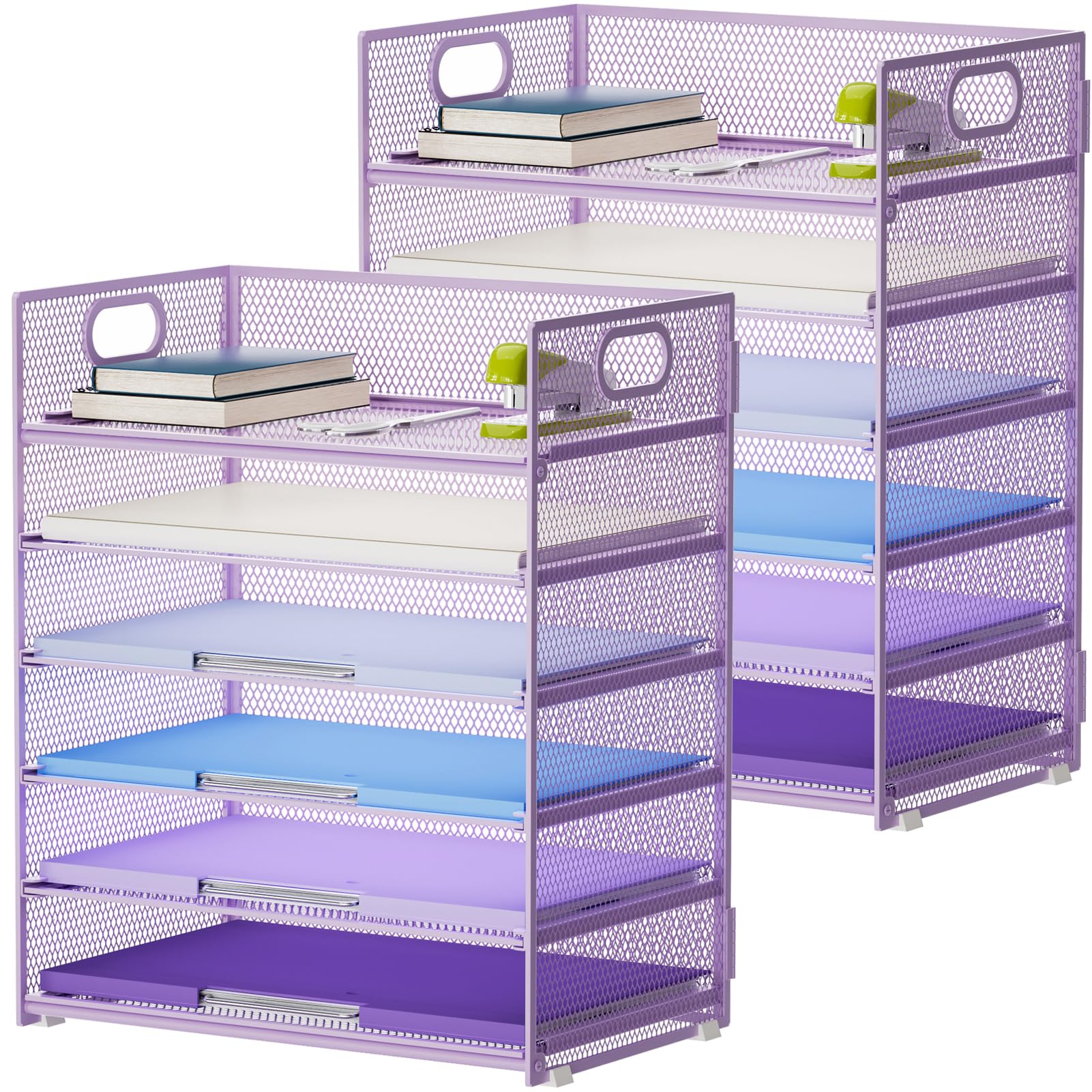 Marbrasse 2 Pack Desk Organizer with Handle, 6 Tier Paper Letter Tray, Mesh Desk File Organizer for Office, School and Home - Purple
