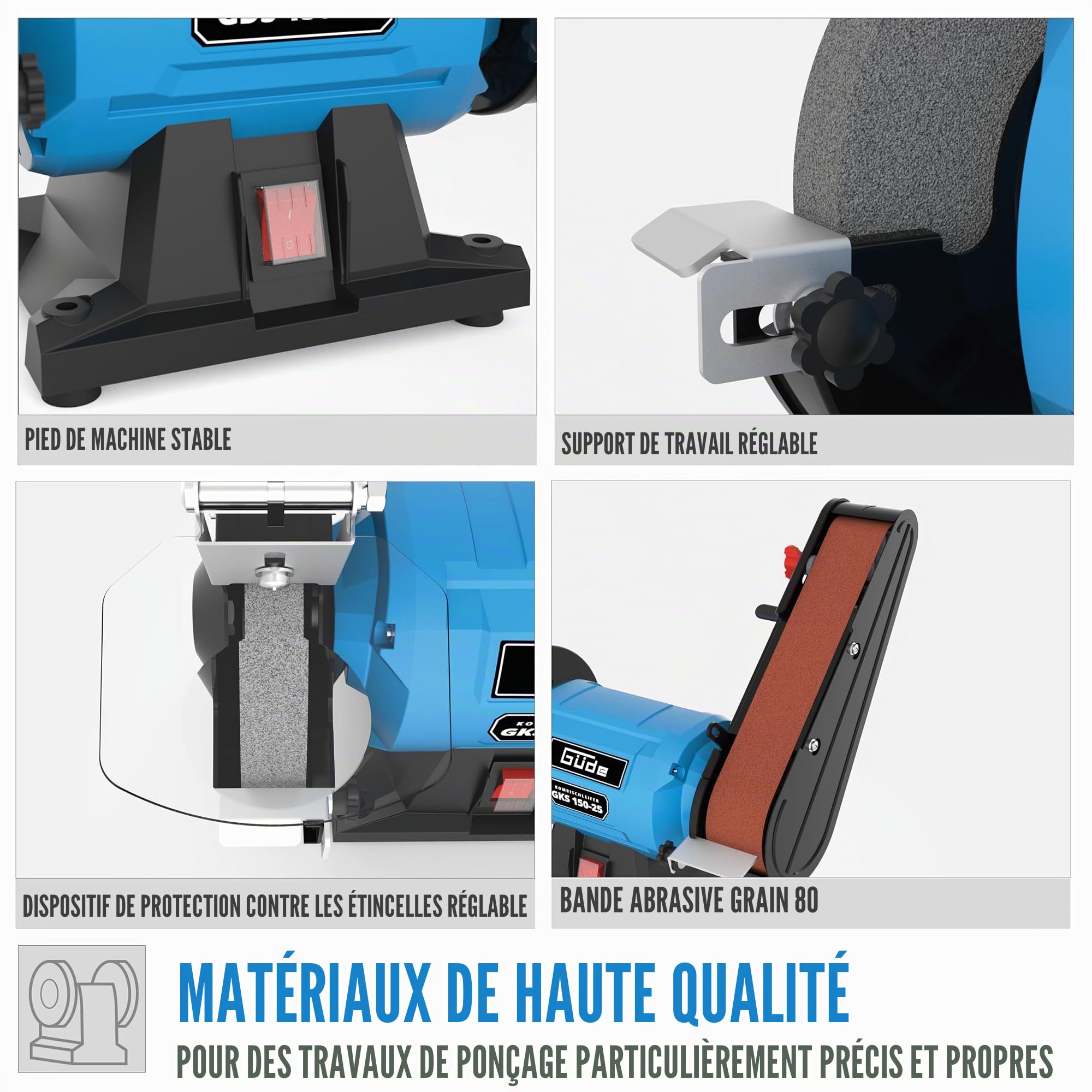 Güde Ponceuse combinée GKS 150-25 (250 W, 2980 tr/min, moteur à condensateur, pied de machine stable, dispositif de protection contre les étincelles réglable, disque de ponçage fin Ø 150 mm 36 K,