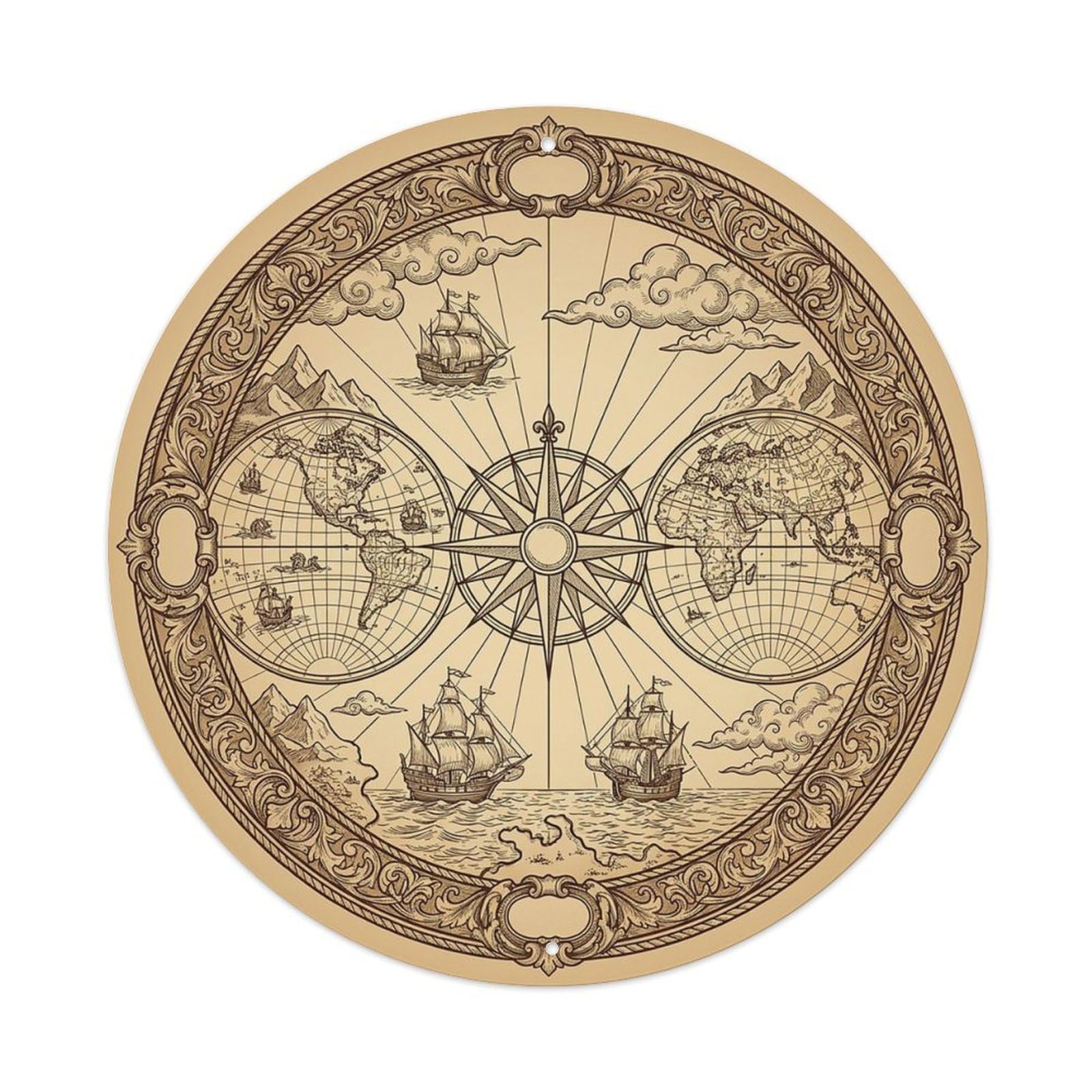 Vintage Nautical Compass World Map Cartography Legacy Metal Tin Sign