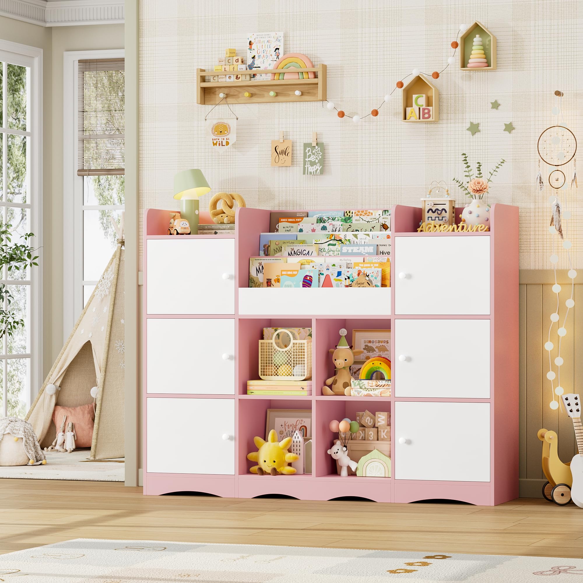FOREHILL Organizer Giocattoli, Porta Giochi Bambini a 6 Scomparti con Ante, Mobile Porta Giochi a 4 Vani Portaoggetti Aperti, con Portariviste, per Cameretta e Sala Giochi, 140x30x106 cm (Rosa)